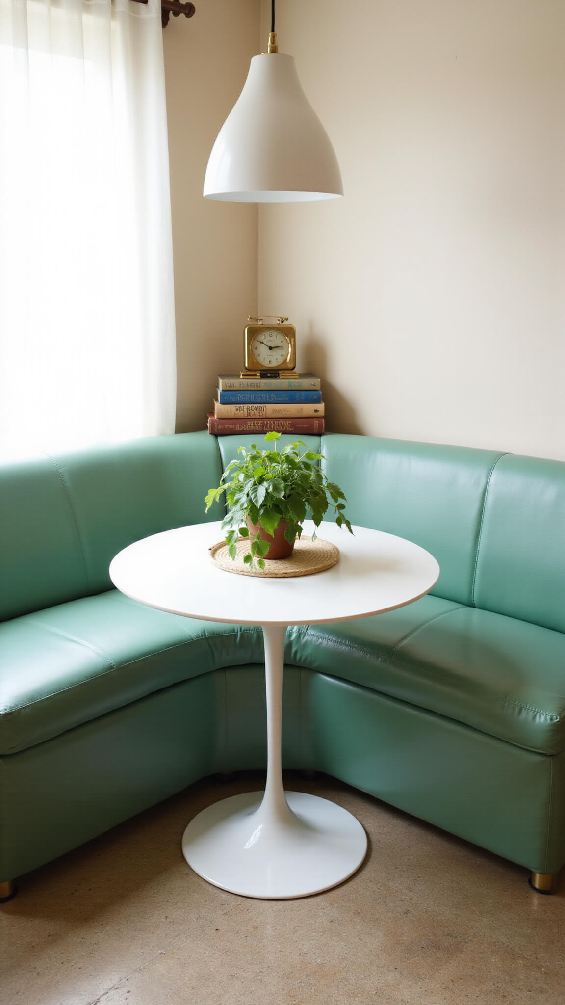 1950s-style breakfast nook with seafoam green banquette, tulip table, ceramic pendant light, vintage decor, and terrazzo floor in soft morning light.