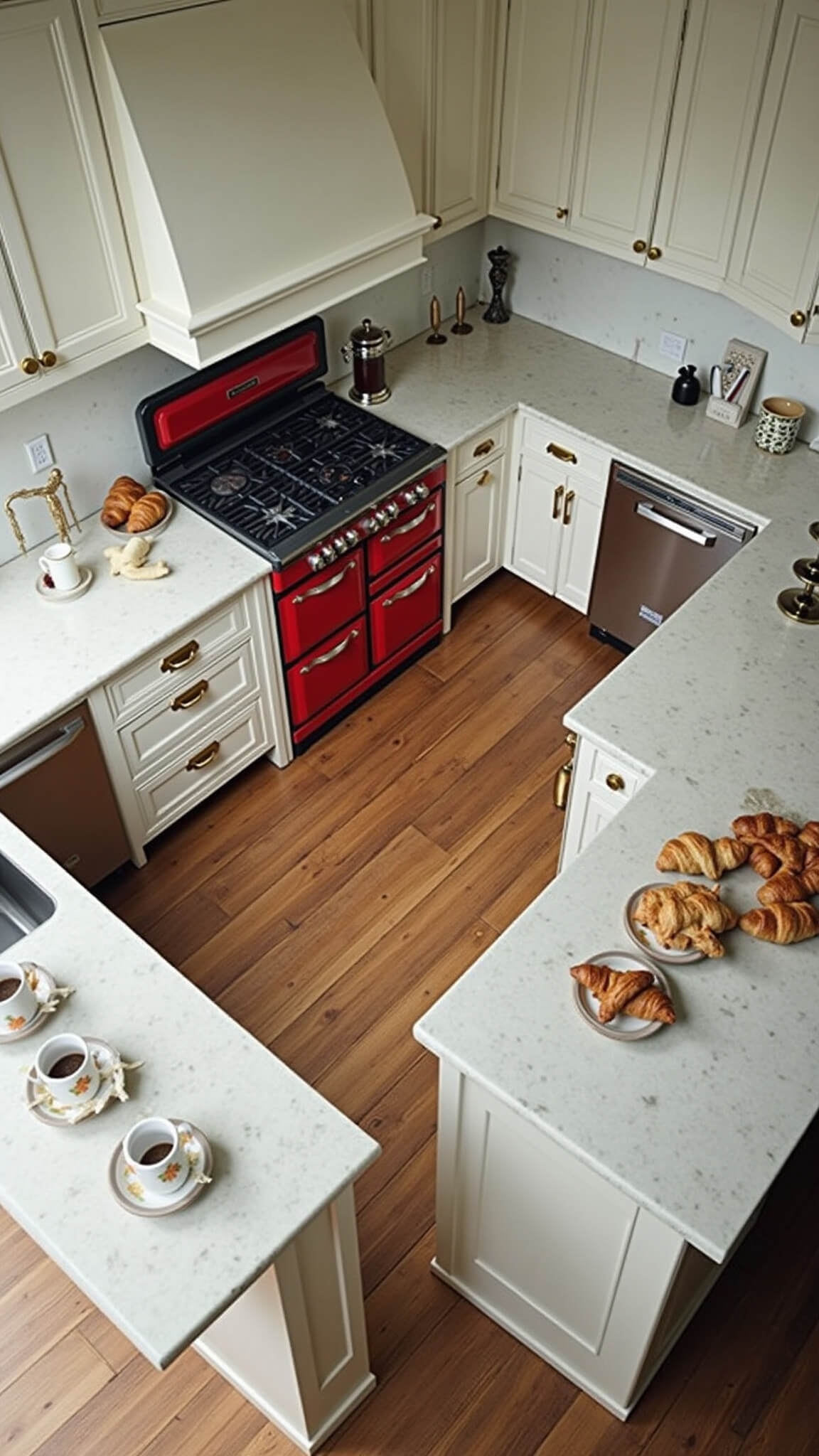 Overhead view of L-shaped kitchen with white cabinets, red vintage stove, marble counters, and styled coffee station.