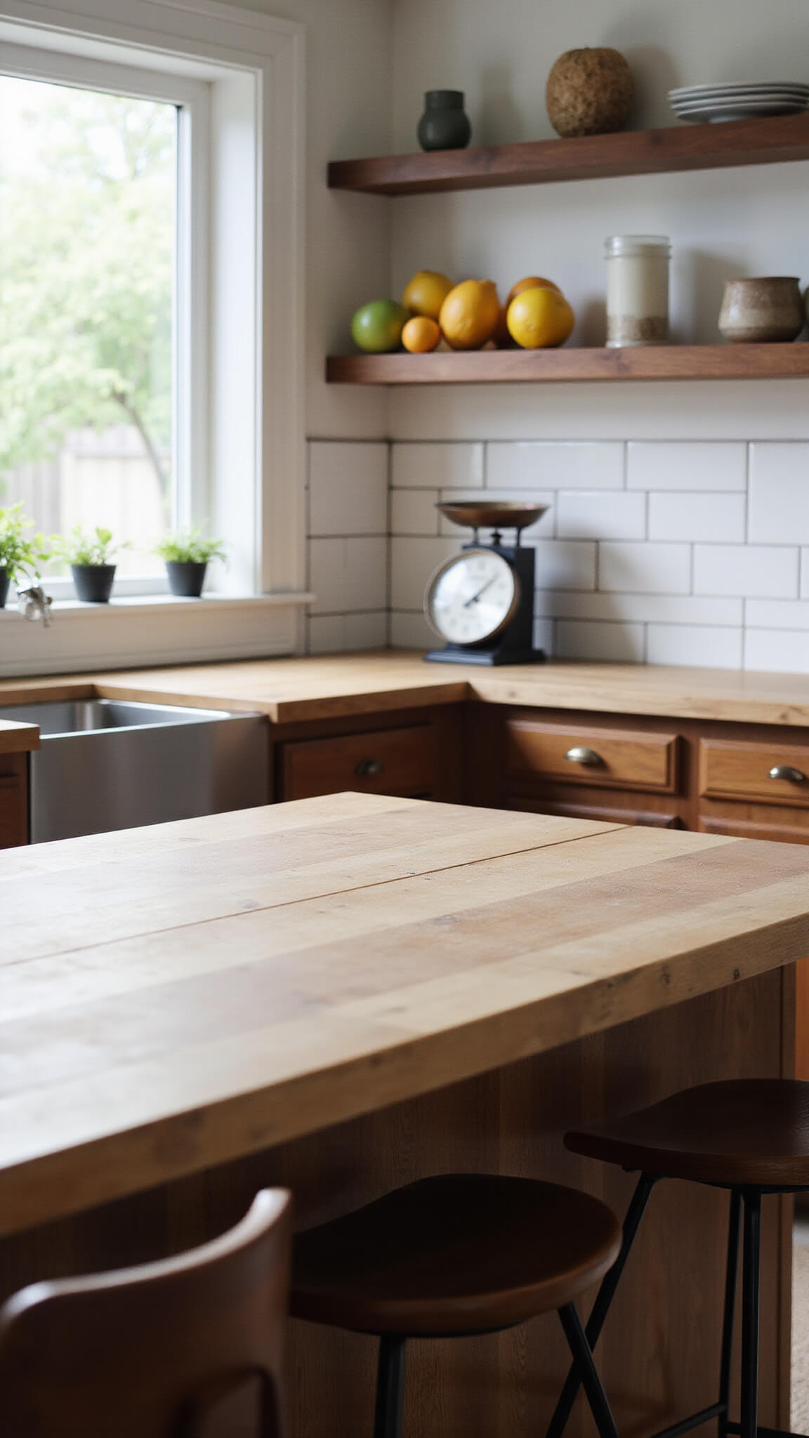 Close-up of butcher block island meeting white subway tile backsplash with vintage scale holding citrus, mid-century walnut and leather bar stools partially visible, softly lit by window from the left.