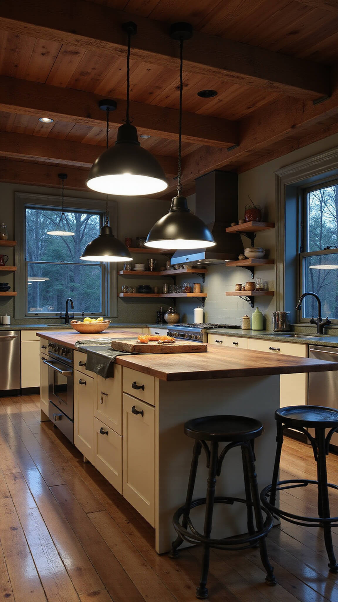 Moody blue hour kitchen with exposed beams, cream retro appliances, black fixtures, and vintage-modern decor on open shelves.
