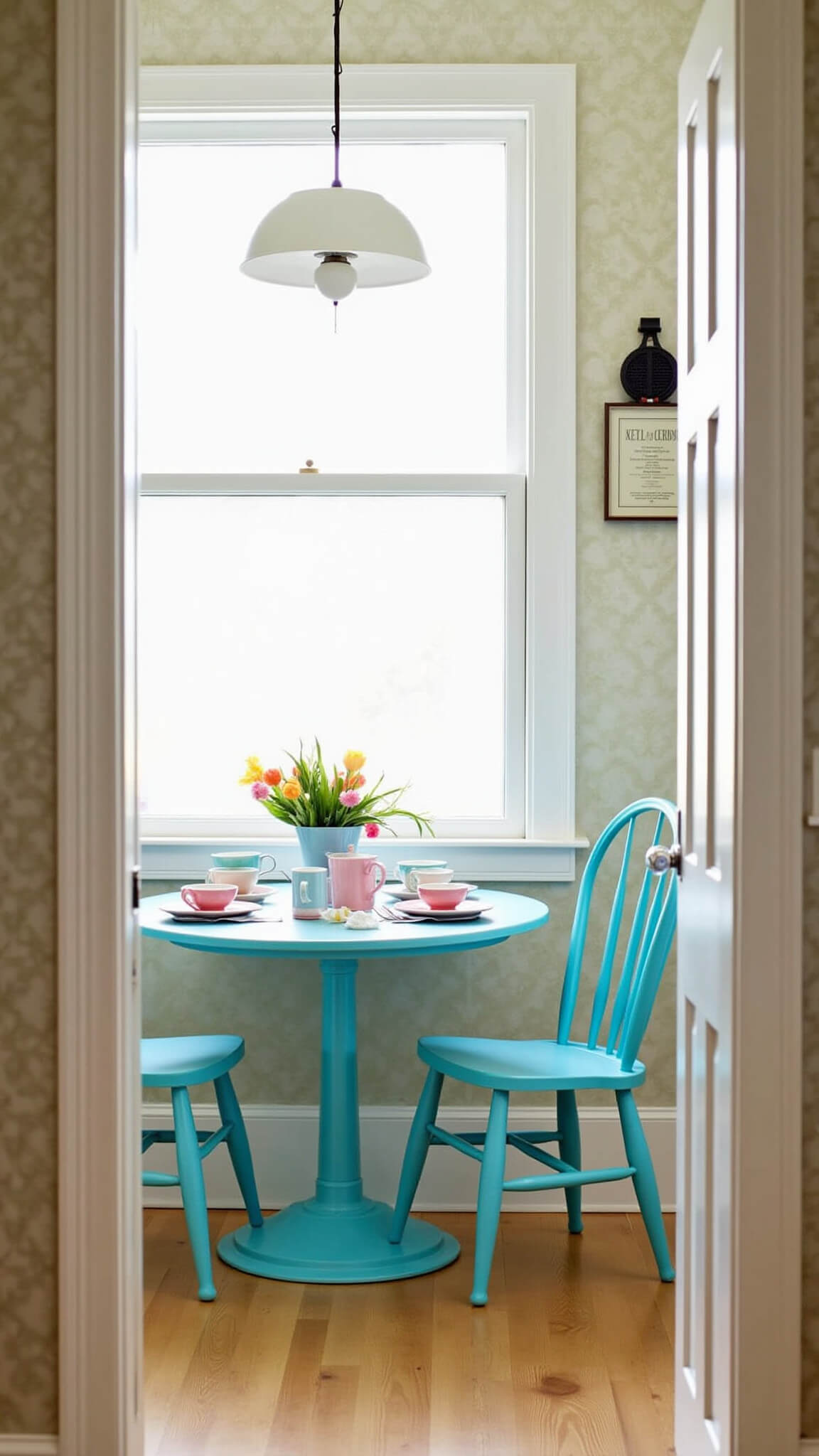 Vintage-style breakfast nook with aqua Formica table, pastel coffee cups, flowers, and waffle maker, viewed through doorway in soft morning light.