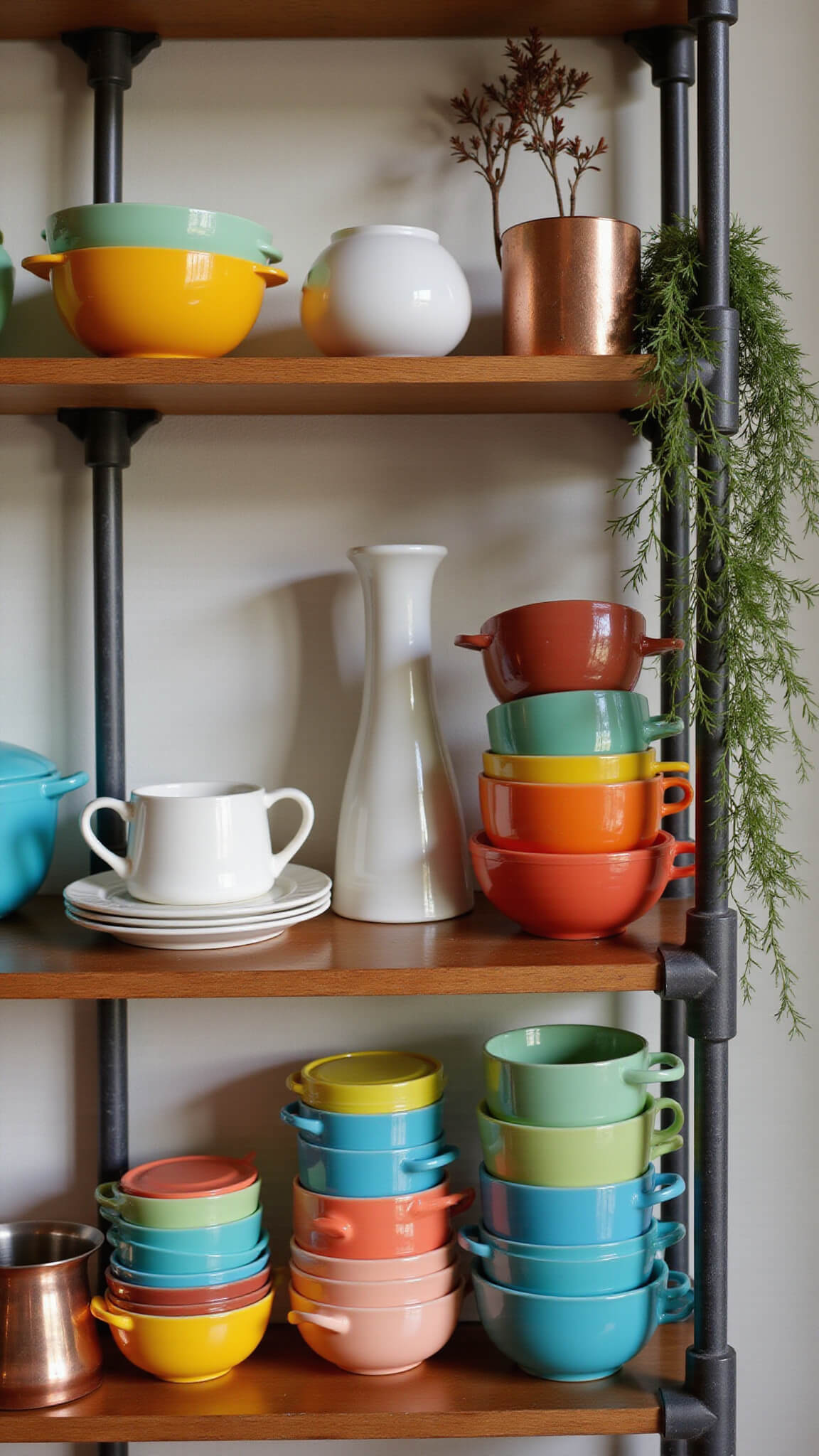 Open industrial pipe shelving at magic hour displaying rainbow vintage Pyrex, white ceramics, copper accents, and trailing plants with warm backlighting.
