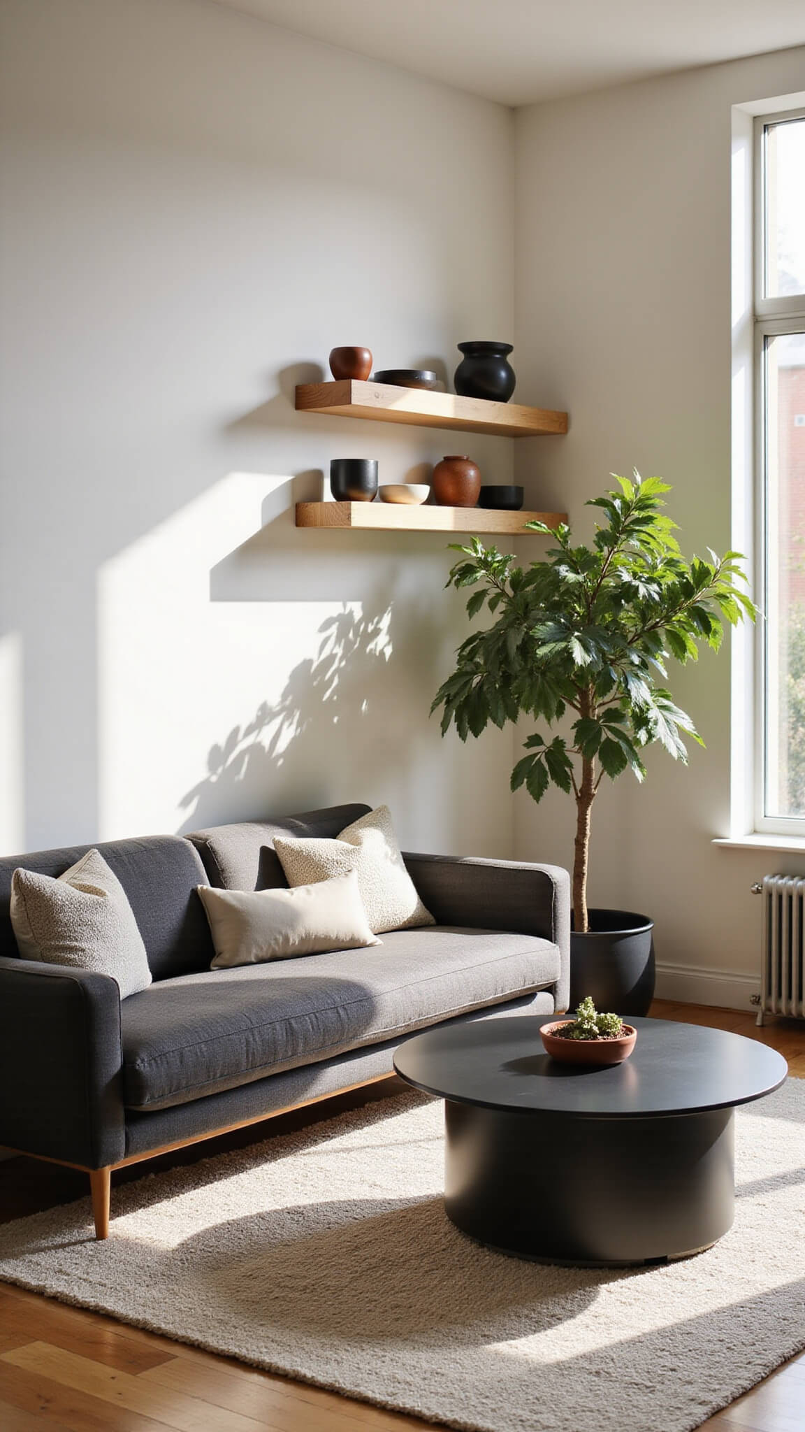 Bright 14x16ft living room with charcoal sofa, round black coffee table, ivory-grey rug, floating oak shelves, and fiddle leaf fig, backlit by golden hour light through floor-to-ceiling windows.