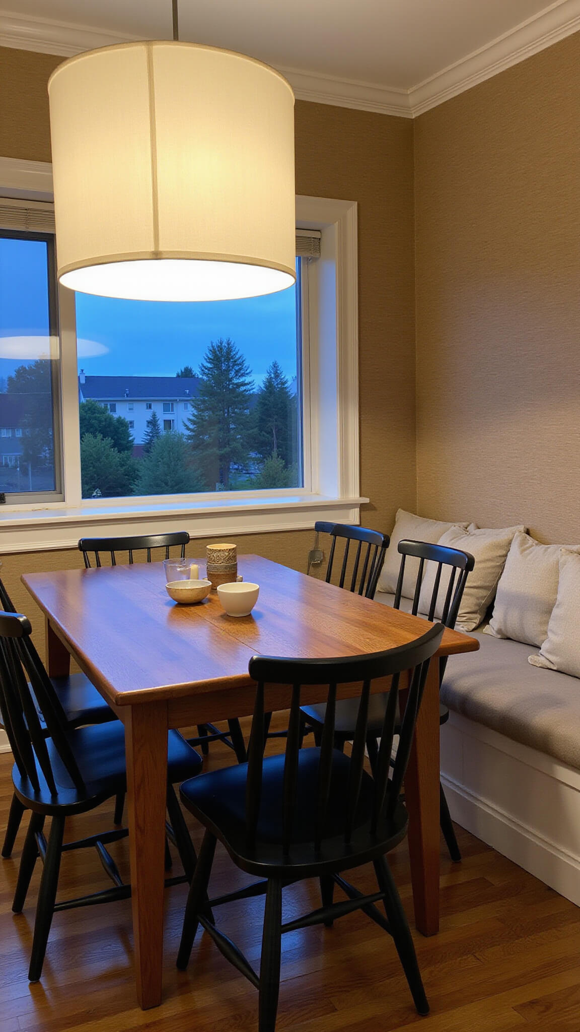 Cozy 10x12ft dining room at blue hour with walnut table, black spindle-back chairs, paper lantern pendant, beige grasscloth walls, and built-in cushioned bench.