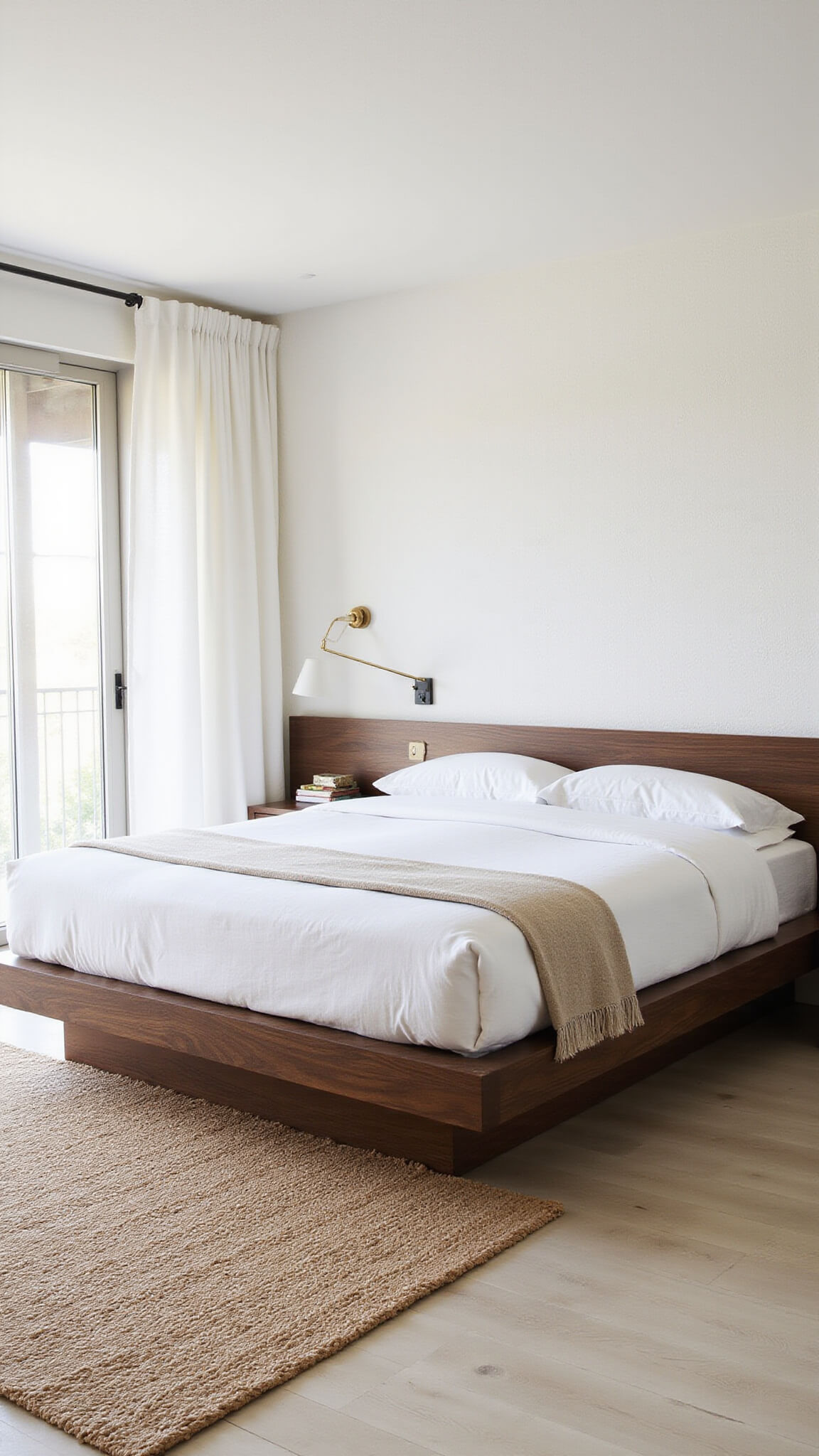 Serene bedroom with platform bed against white plaster wall, layered rugs, sheer curtains, and soft morning light.
