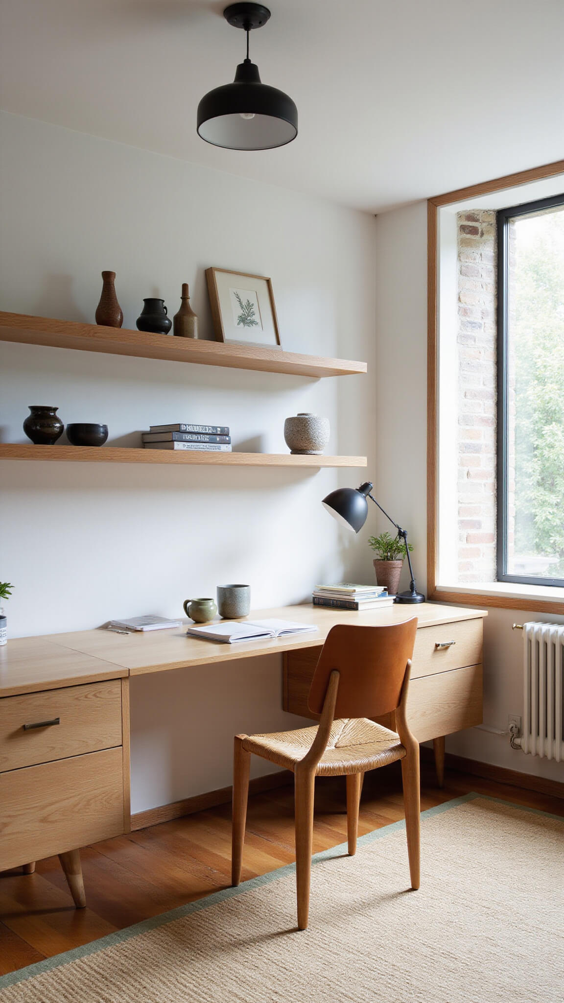 Modern home office with floating bleached oak desk, woven leather chair, open shelving with stone and ceramic decor, black metal and rice paper pendant light, and tatami mat flooring bathed in afternoon light.