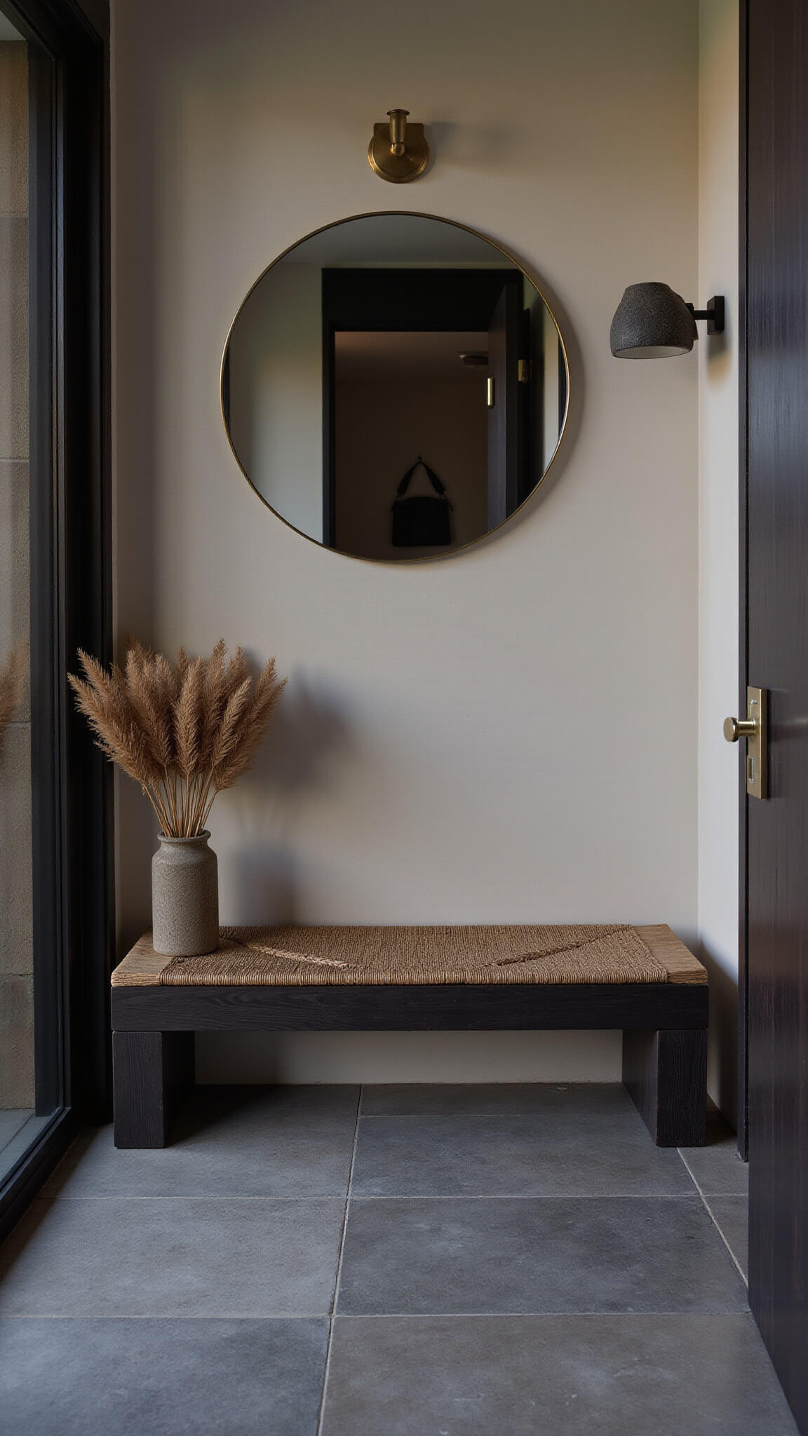 Zen-style entryway at dusk featuring a blackened ash bench with woven cushion, floating coat rack, large round mirror, brass wall light, pampas grass in stone vessel, and grey handmade tile flooring.