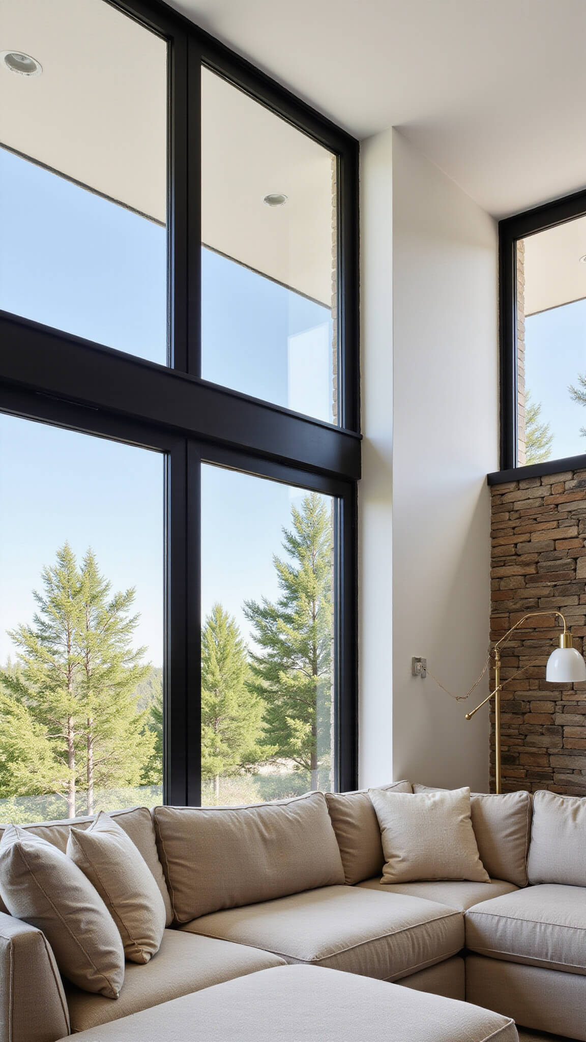 Minimalist 15x18ft great room with oatmeal L-shaped sectional, brass and paper floor lamp, stacked stone feature wall, and large black steel windows framing garden views.