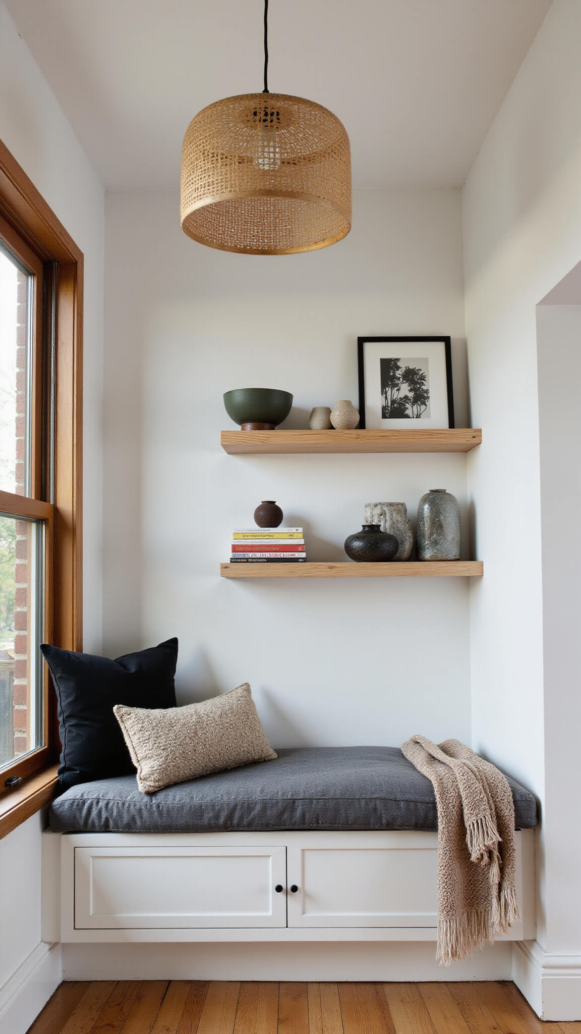 Cozy reading nook with white oak window seat, charcoal cushions, floating shelves, and morning light.