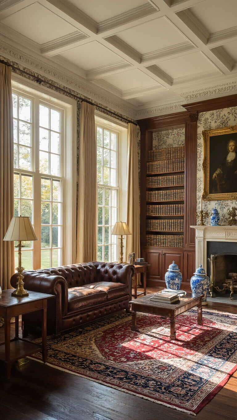 Sunlit Georgian drawing room with leather Chesterfield sofa, Persian rug, mahogany bookshelves, and tall windows at golden hour.