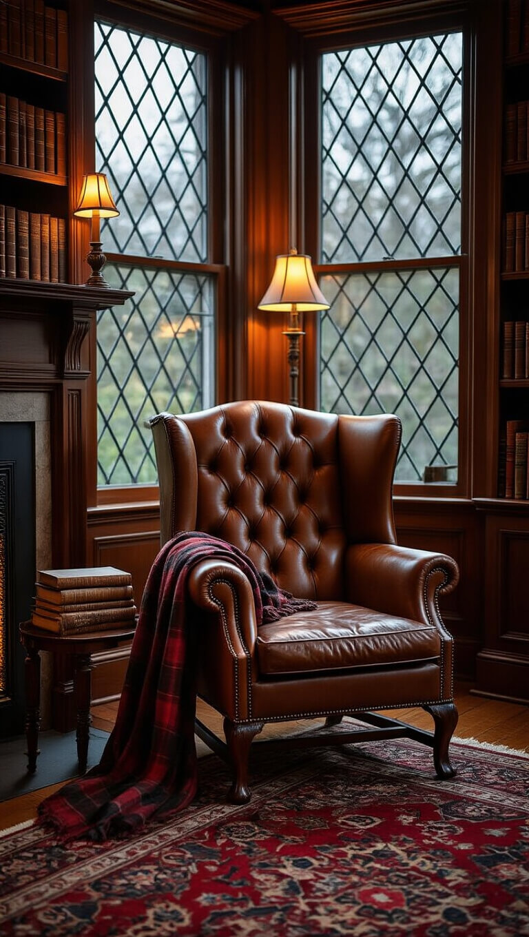 Cozy library corner at dusk with leather wingback chair, antique lamp, vintage books, and moody leaded glass window.