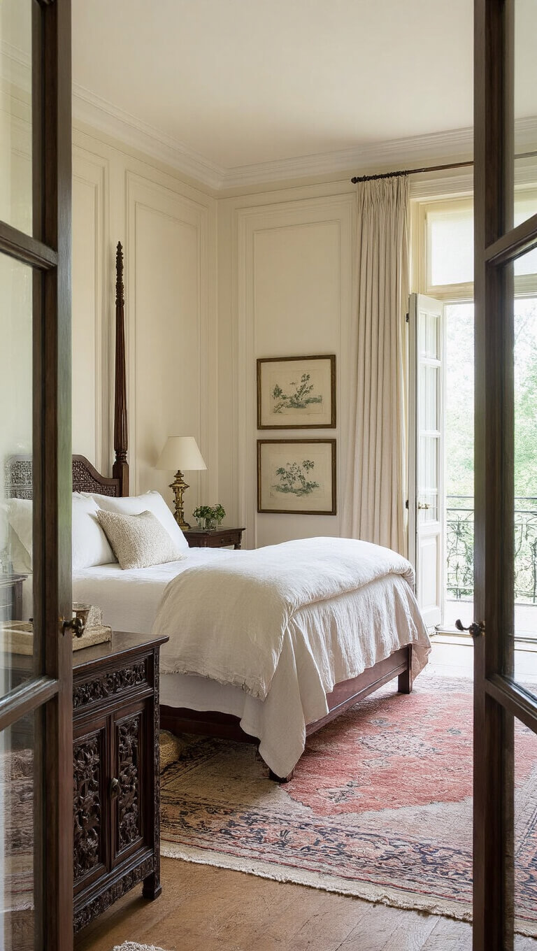 Wide-angle view of elegant master bedroom with four-poster bed, antique decor, and soft morning light filtering through gauzy curtains.