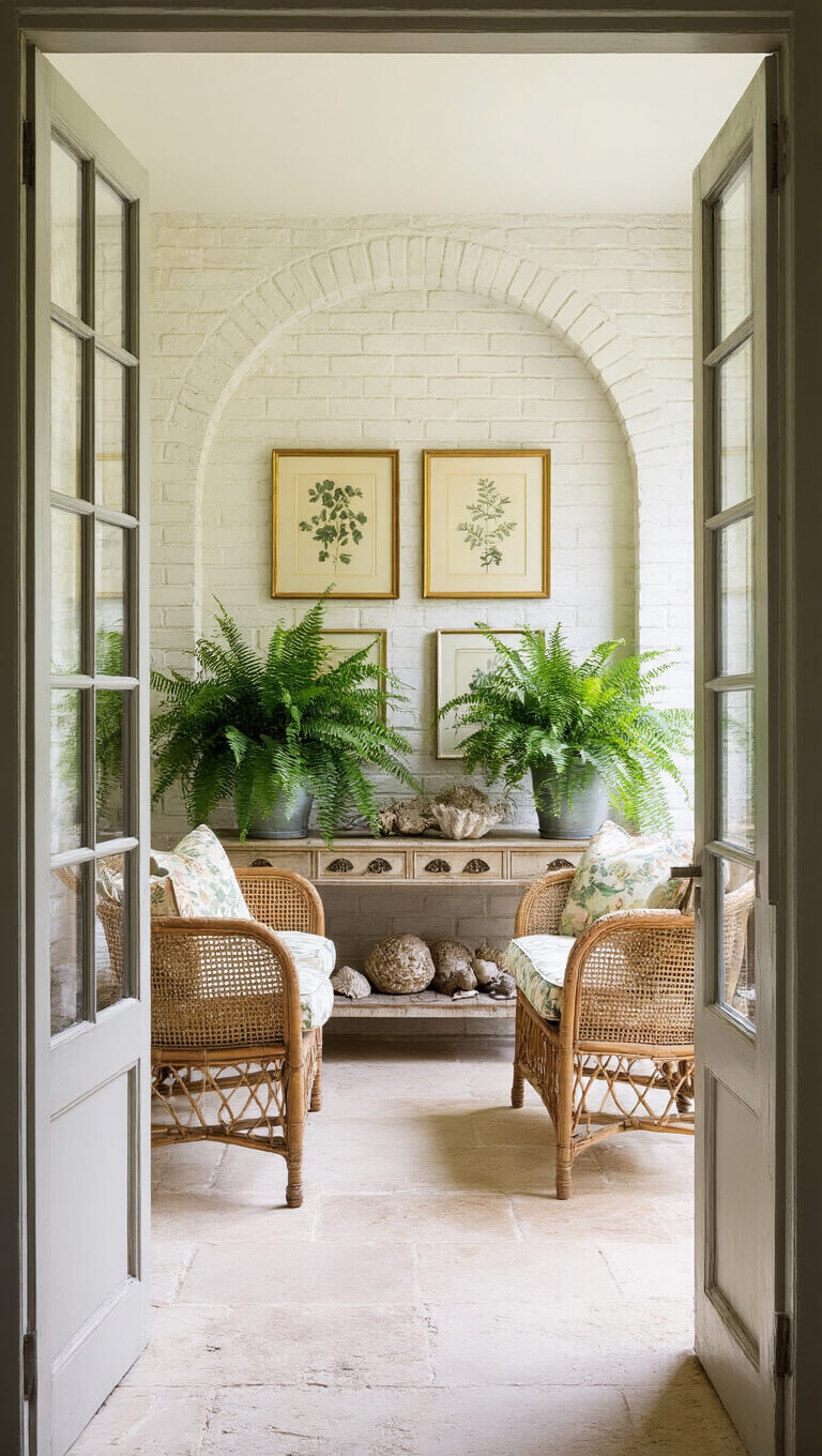 Garden room with honeyed limestone floors, French cane chairs, ferns in zinc planters, rattan console with shells, white brick walls with botanical prints, and arched steel windows filtering dappled morning light.