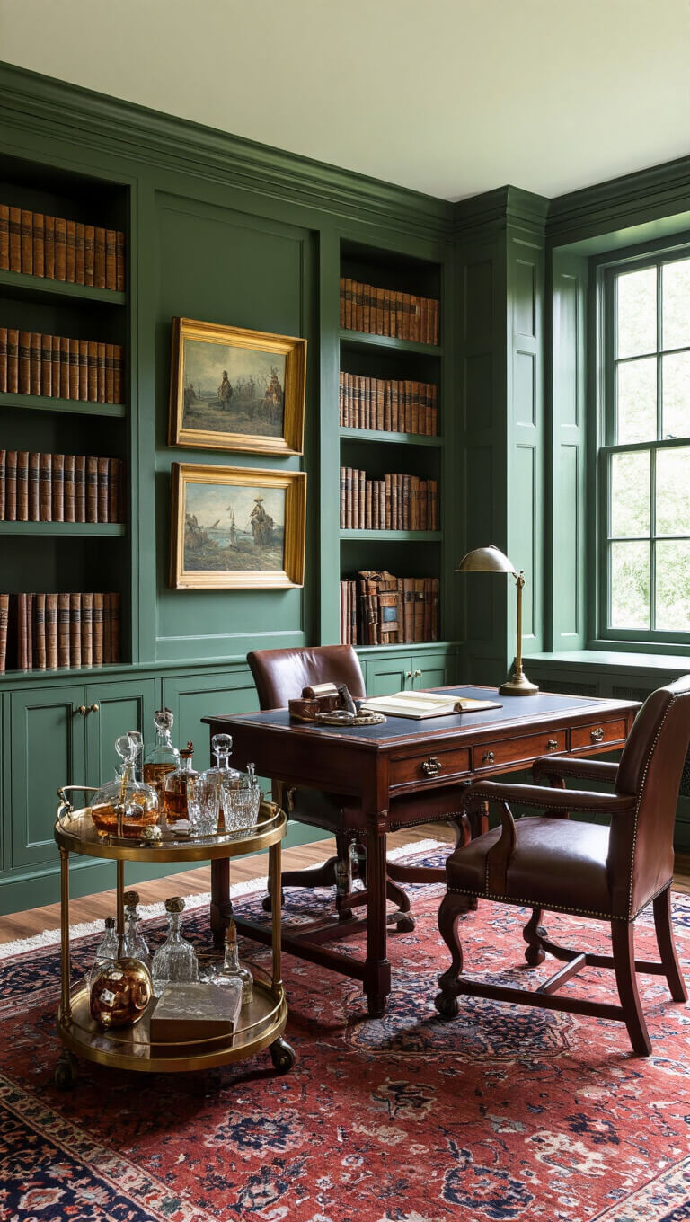 Heritage green-paneled gentleman's study with mahogany campaign desk, leather guest chairs, globe bar cart, and gallery wall, viewed from desk toward window in afternoon light.