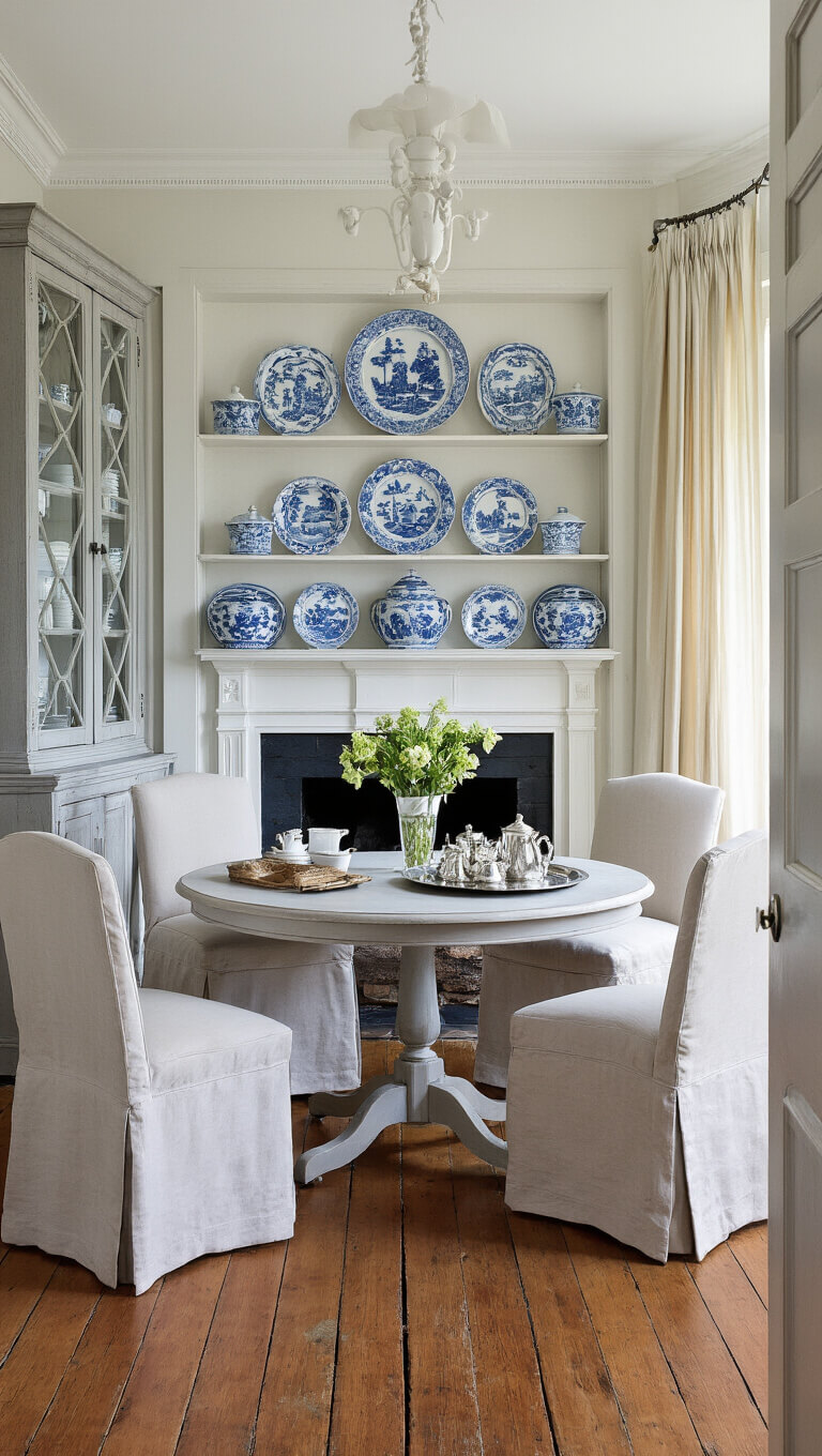 Bright morning room with Gustavian secretary, linen Bergere chairs around pedestal table, chinoiserie on shelves, silk curtains, Delft-tiled fireplace, and silver breakfast set on mahogany tray.