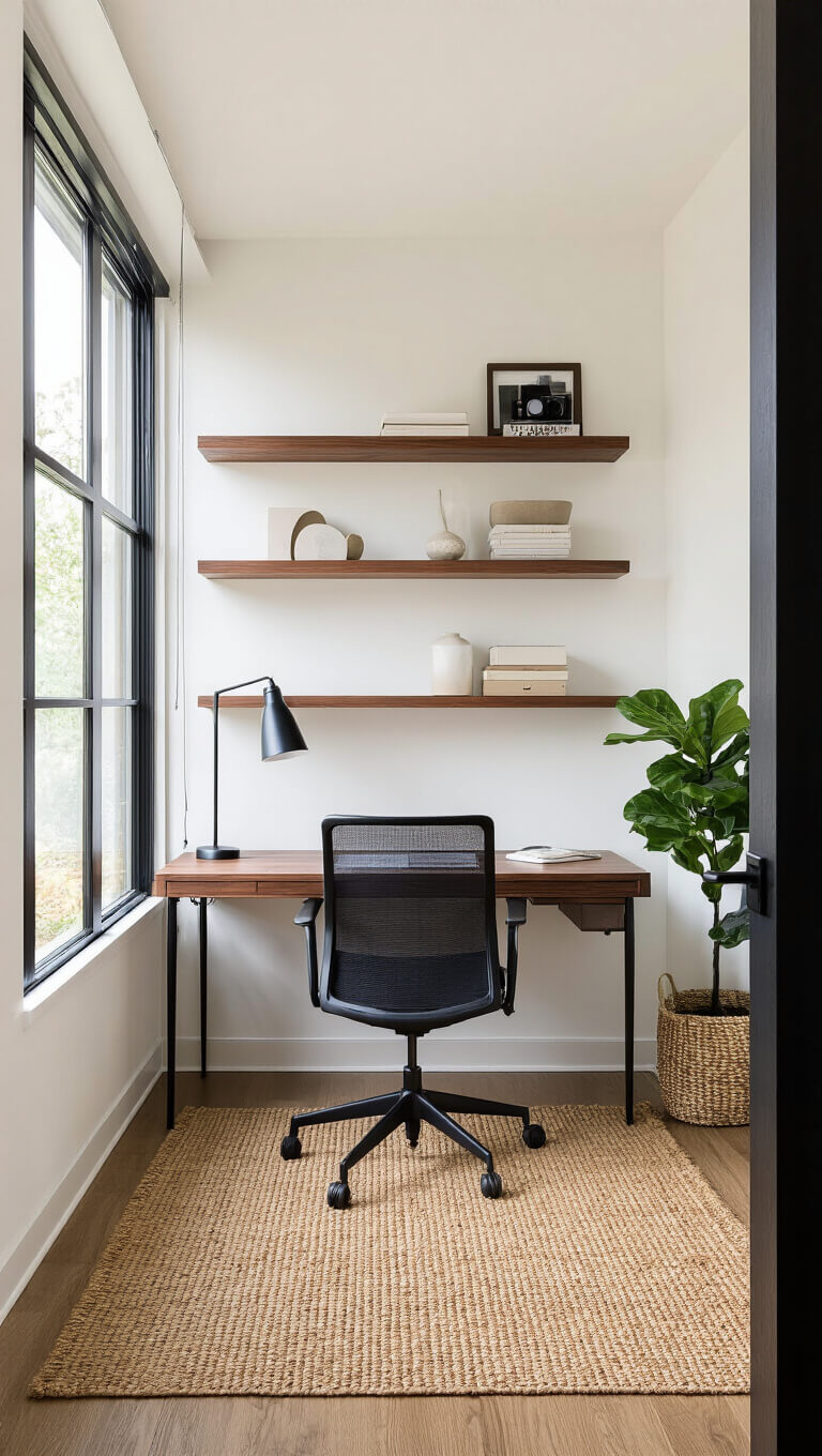 Minimalist 12x14ft home office with floor-to-ceiling windows, walnut desk, black task lamp, jute rug, fiddle leaf fig, and floating shelves, bathed in morning light.