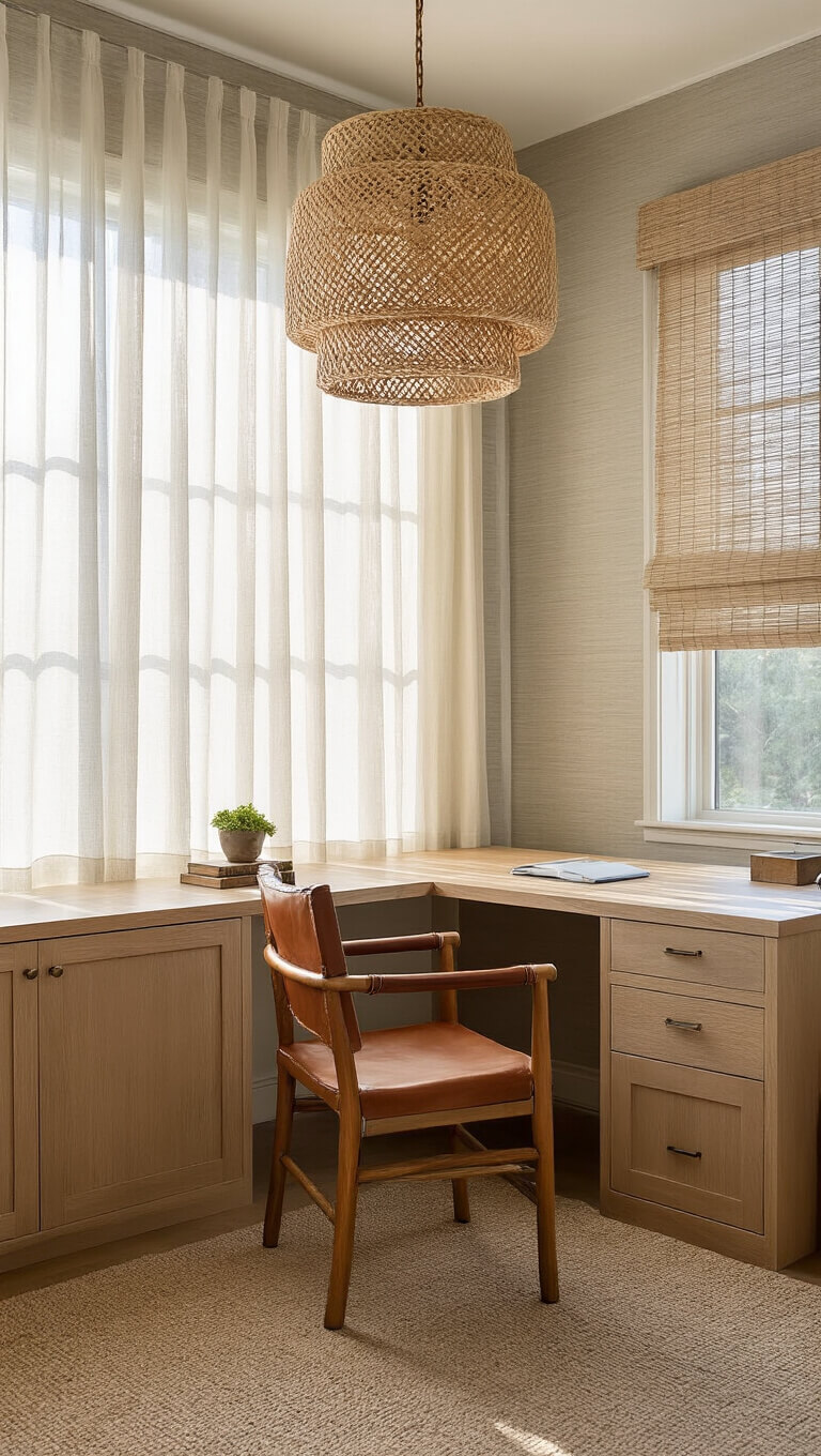 Corner office with built-in pale oak desk, vintage leather chair, and warm afternoon light filtering through sheer curtains and bamboo blinds.