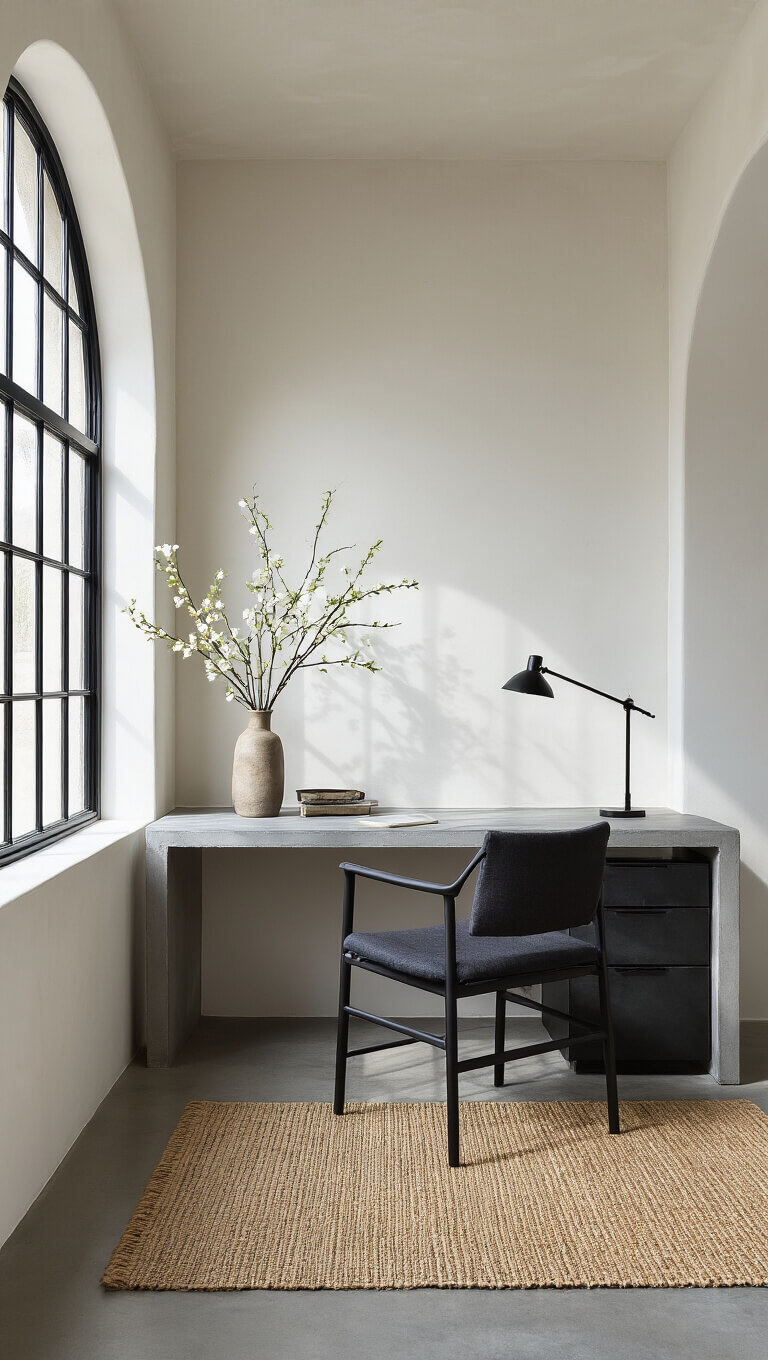 Minimalist 8x10ft workspace with concrete waterfall desk, charcoal linen chair, ikebana arrangement, black steel-framed window, and moody early morning lighting.