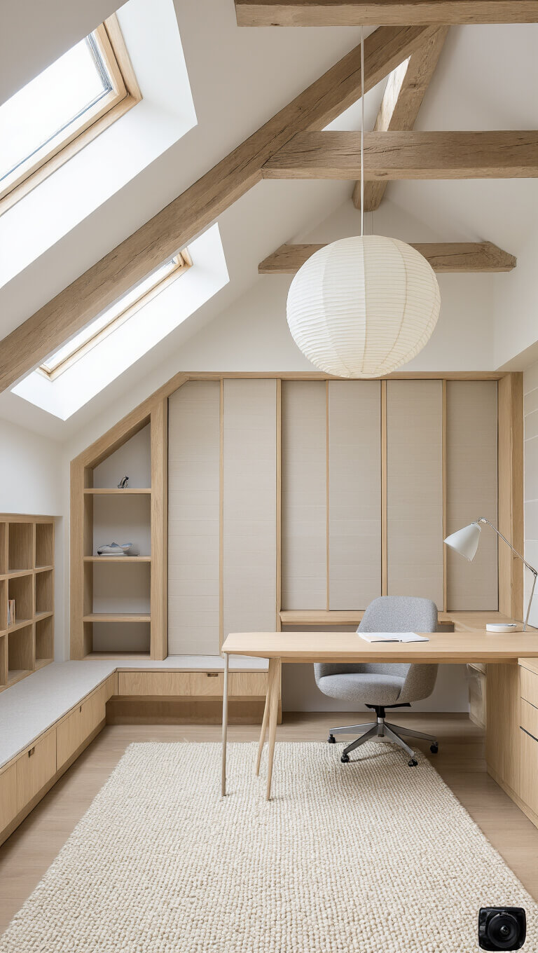 Modern 15x15ft home office with exposed wooden beams, skylights, L-shaped bleached oak desk, paper pendant lamp, cream wool rug, built-in bookshelves with sliding screens, and light grey bouclé ergonomic chair.
