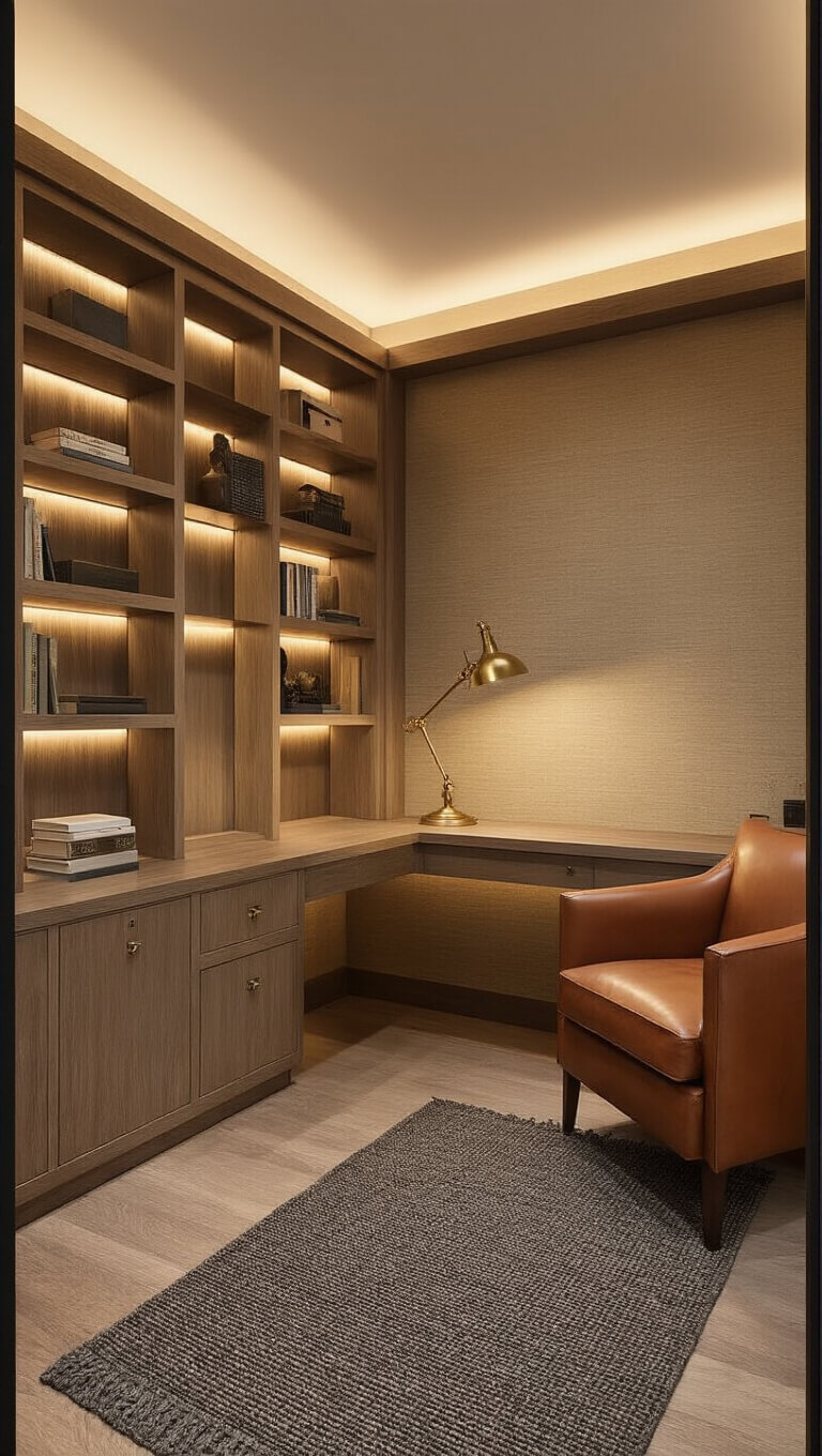 Cozy 10x11ft study nook with smoked oak floating desk, floor-to-ceiling built-ins, dusk lighting, cognac leather chair, and taupe grasscloth walls.