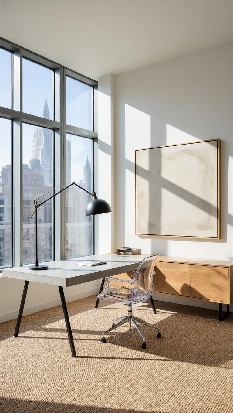Corner office with panoramic windows, minimalist desk, acrylic ghost chair, abstract art, and morning light casting long shadows.