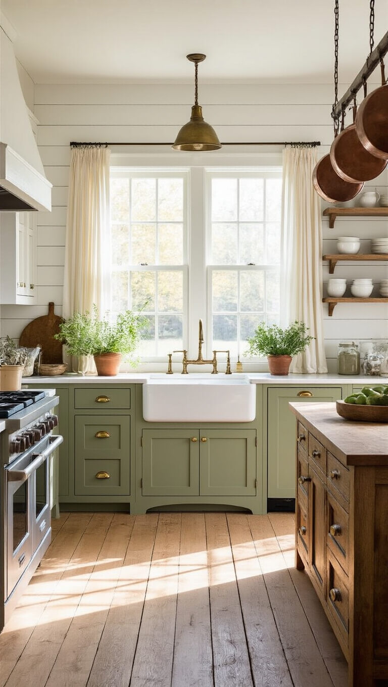 Sunlit farmhouse kitchen with sage cabinets, white shiplap walls, oak floors, and vintage accents at golden hour.