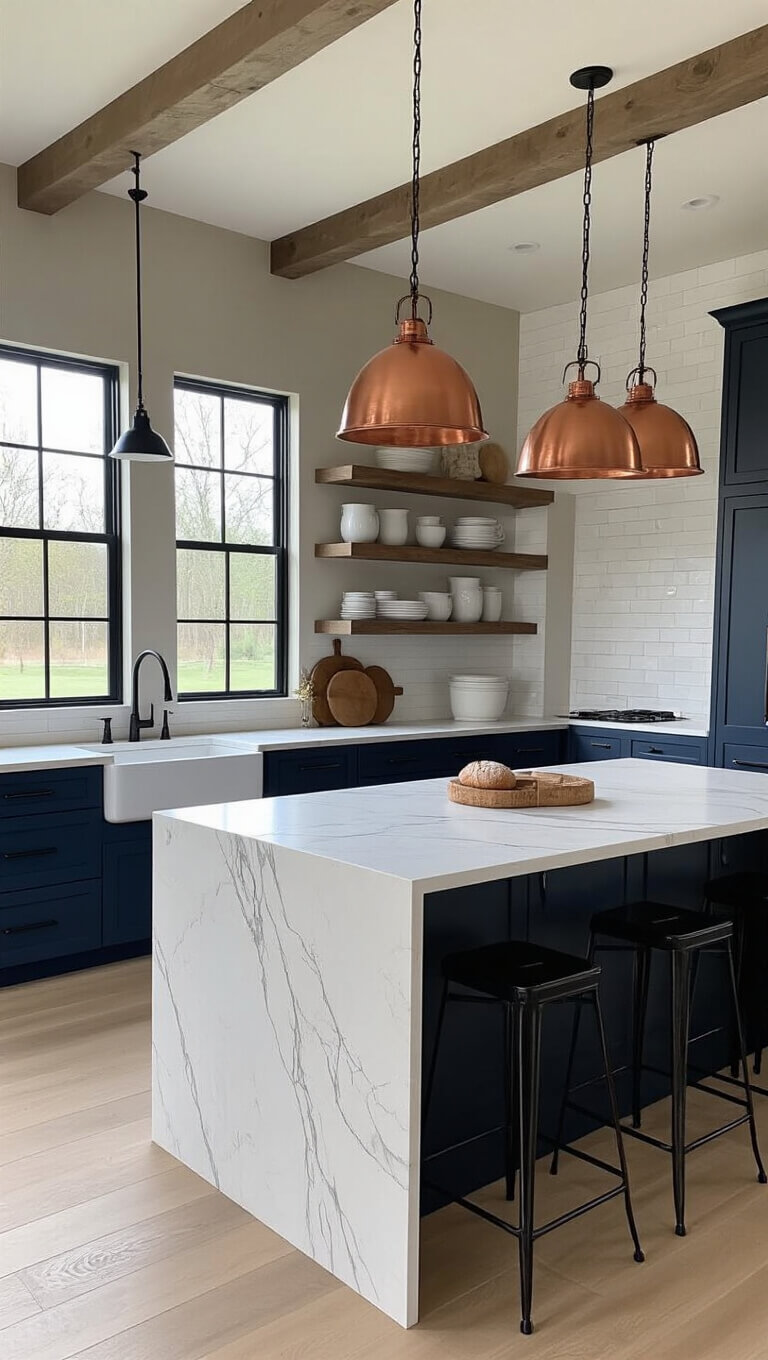 Modern farmhouse kitchen with navy cabinets, copper pendant lights, quartz waterfall island, weathered oak shelves, and black steel-framed windows at dusk.