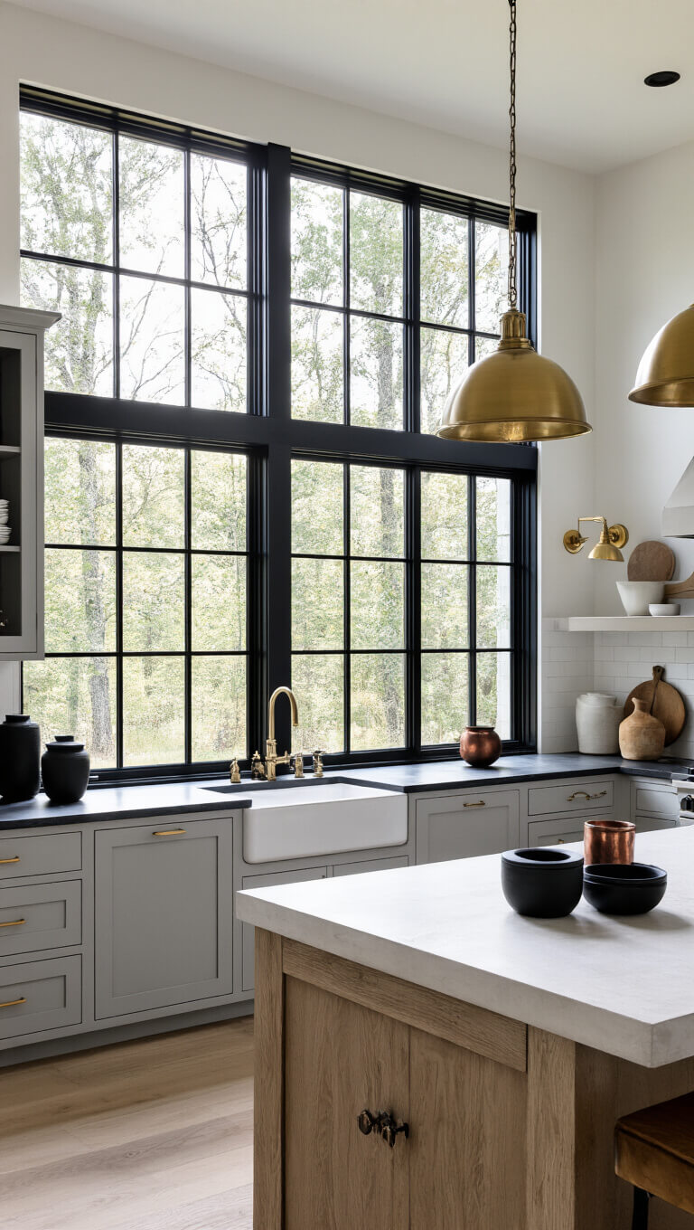 Modern farmhouse kitchen with light gray cabinets, soapstone counters, white oak island, black steel windows, and brass pendant lighting at late afternoon.