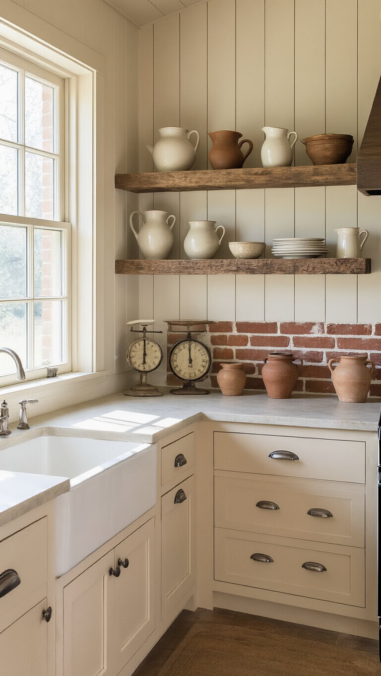Cozy farmhouse kitchen with cream cabinets, beige shiplap walls, brick backsplash, and reclaimed wood shelves holding ironstone pitchers, styled with vintage scales and crocks in warm morning light.
