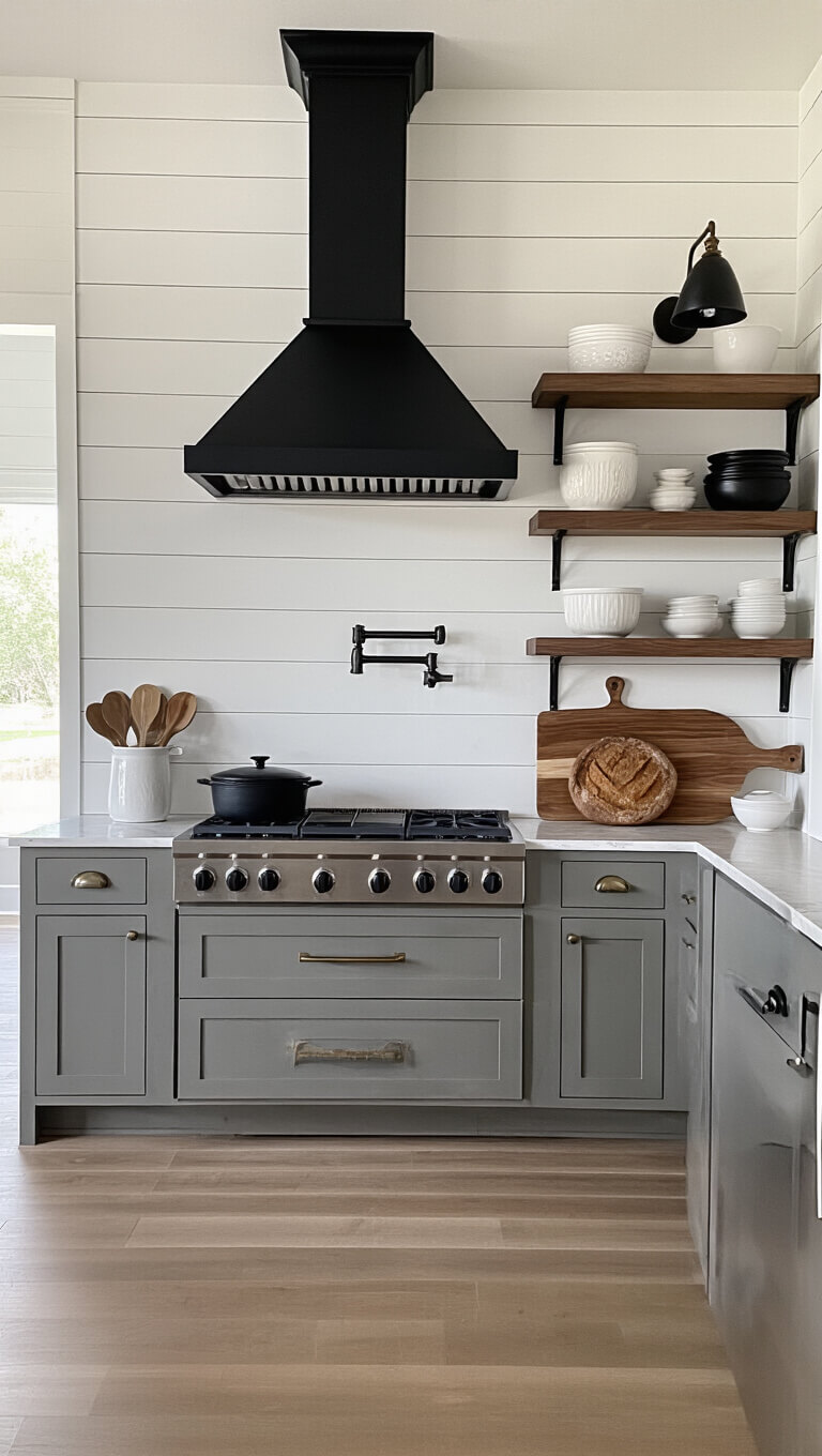 Modern farmhouse kitchen at twilight with matte black range hood, warm gray cabinets, walnut shelves, and mixed metal fixtures.