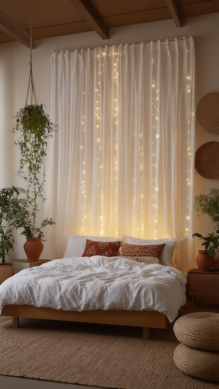 Wide-angle view of cozy 10x12ft bedroom at dusk with warm curtain lights behind white drapes, mid-century modern bed with rumpled white linens and mudcloth pillows, wall baskets, terracotta pots with plants, and rich wooden accents.