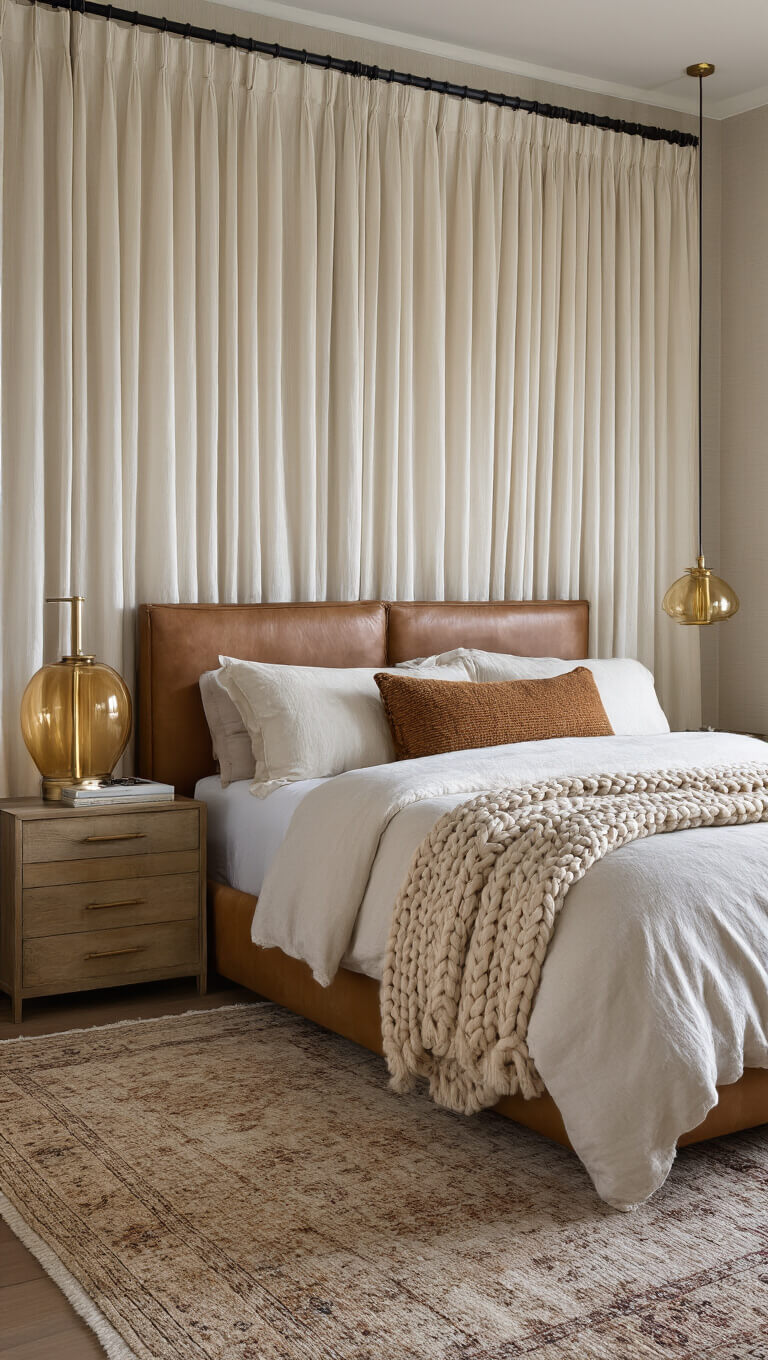 Twilight-lit master bedroom corner with champagne sheer curtains, oversized leather headboard, chunky knit throws, brass floor lamp, and layered vintage rugs.