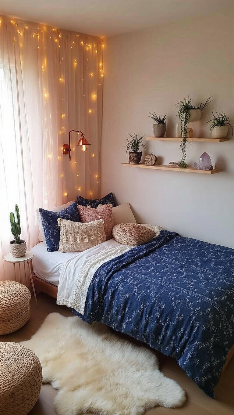 Bird’s eye view of a cozy 8x10ft bedroom nook with twinkle lights, blush gauzy curtains, low-profile bed in indigo mudcloth, handwoven pillows, copper sconce, floating shelves with air plants and crystals, and a sheepskin rug glowing in mixed natural and LED light.