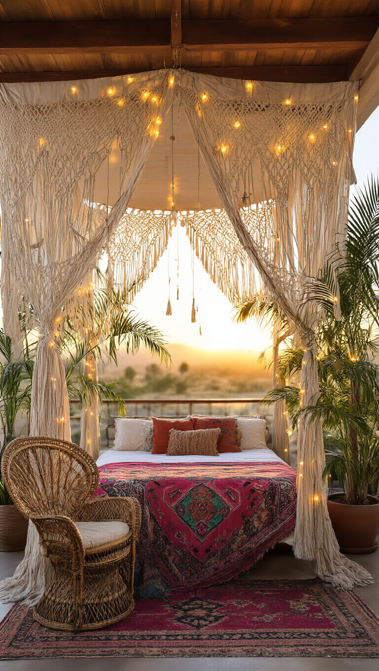 Bohemian bedroom at sunset with fairy lights, vintage textiles, rattan chair, potted palms, and wooden ceiling beams.