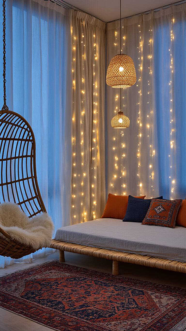 Cozy bedroom with string lights behind sheer curtains, low bamboo bed with colorful kilim pillows, hanging rattan chair, clay pendant lights, and vintage Persian rug at blue hour.