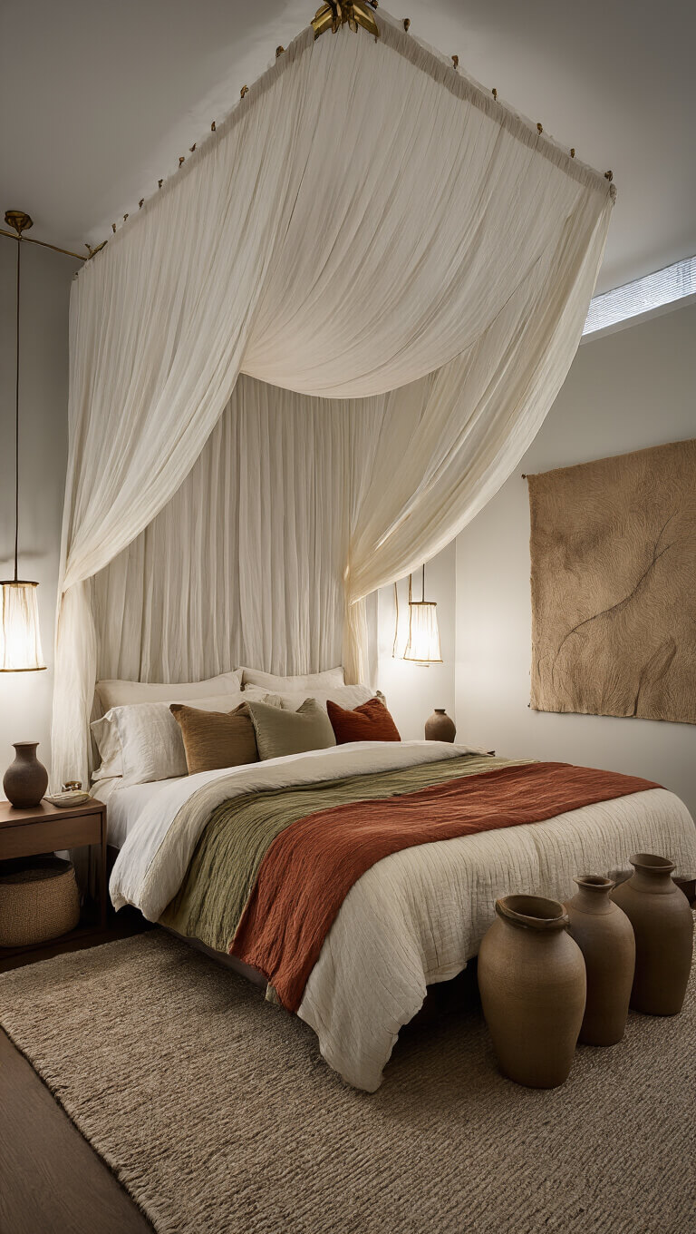Architectural night shot of bedroom with glowing curtain light wall, four-poster bed in cream, rust, and olive, brass accents, abstract textile art, and ceramic vessels.