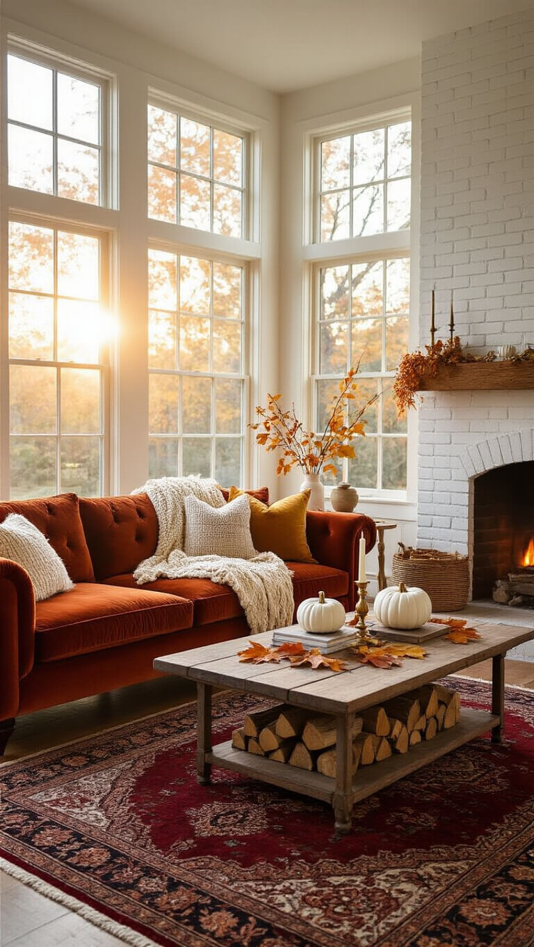 Cozy 15x18ft living room with rust velvet sofa, autumn decor, and golden hour light through floor-to-ceiling windows.