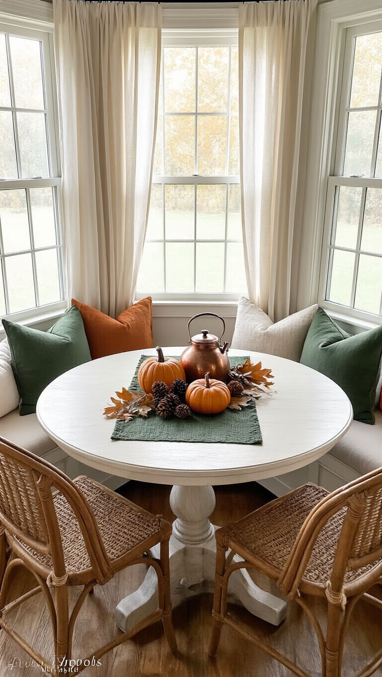 Cozy breakfast nook with round white oak table, forest green runner, heirloom pumpkins, dried leaves, pinecones, rattan chairs, and sunlit copper kettle on sideboard.