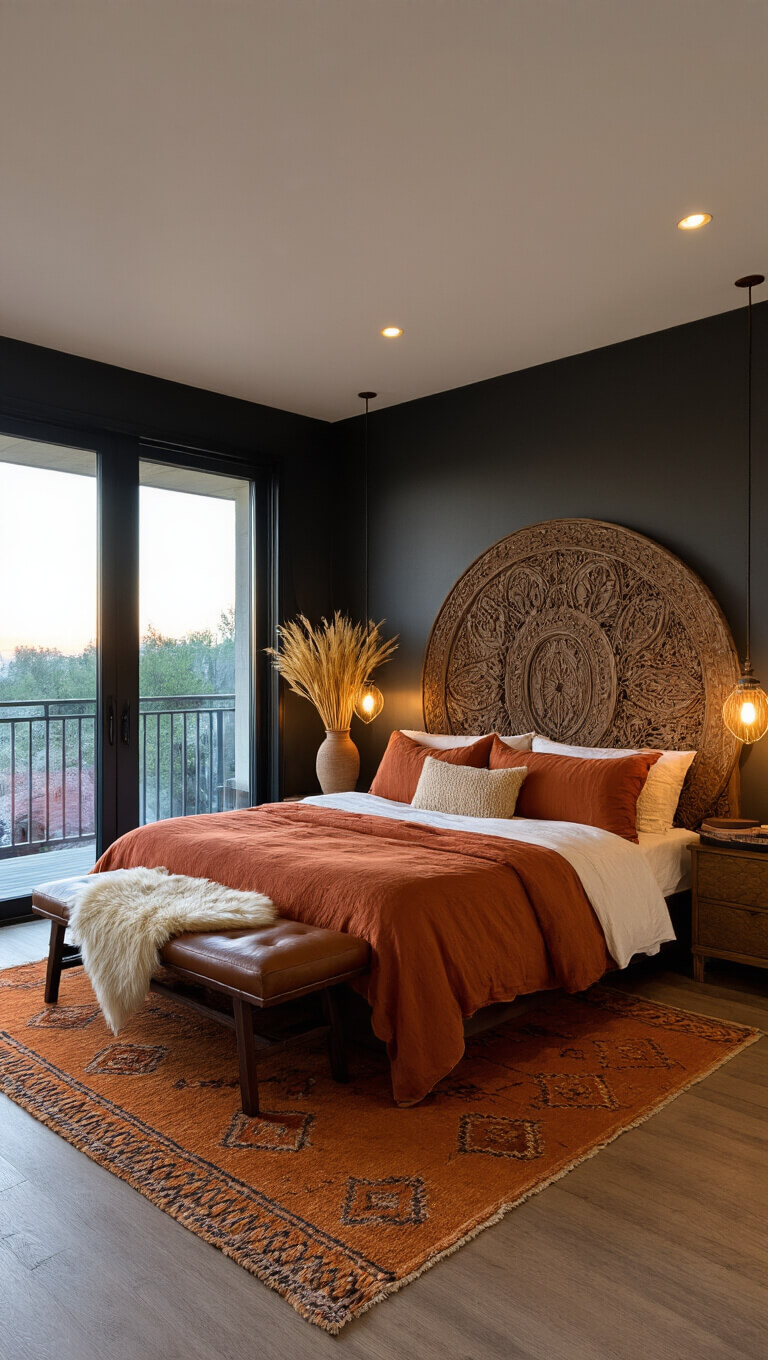 Cozy master bedroom at dusk with earth-toned king bed, carved wood headboard, Moroccan rug, and fairy lights illuminating dried wheat decor.