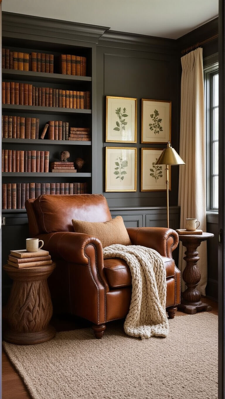 Cozy library nook with cognac leather armchair, built-in bookshelves, copper accents, cable-knit throw, antique brass lamp, botanical gallery wall, and wooden side table with books and mug.