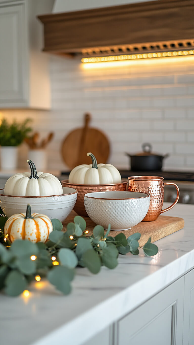 Kitchen island with white marble countertop featuring ceramic bowls of mini pumpkins, copper mugs, eucalyptus garland with LED lights, and vintage breadboard against subway tile backsplash.
