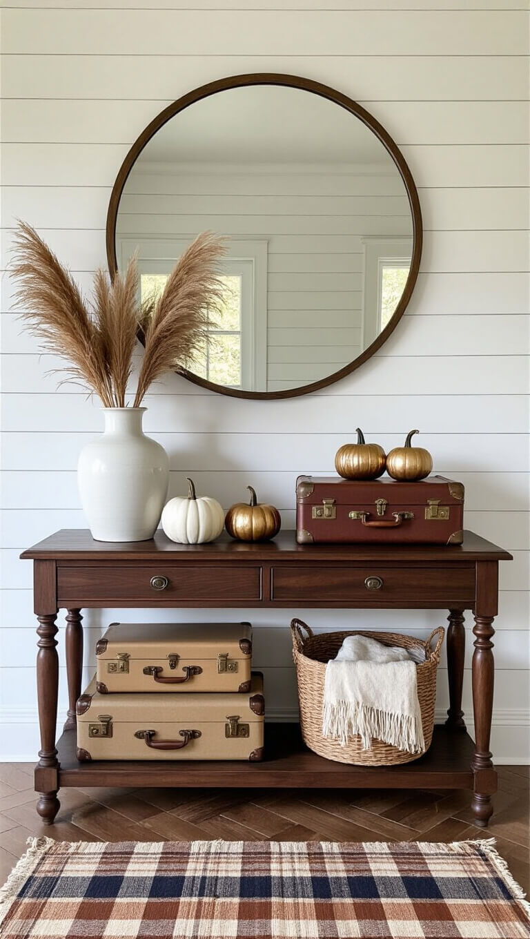 Bird’s-eye view of an entryway with a dark walnut antique console table against a warm white shiplap wall, oversized circular mirror, white vase with pampas grass, stacked vintage suitcases, metallic pumpkins, and basket with throws on herringbone floors with a rust and navy vintage runner.