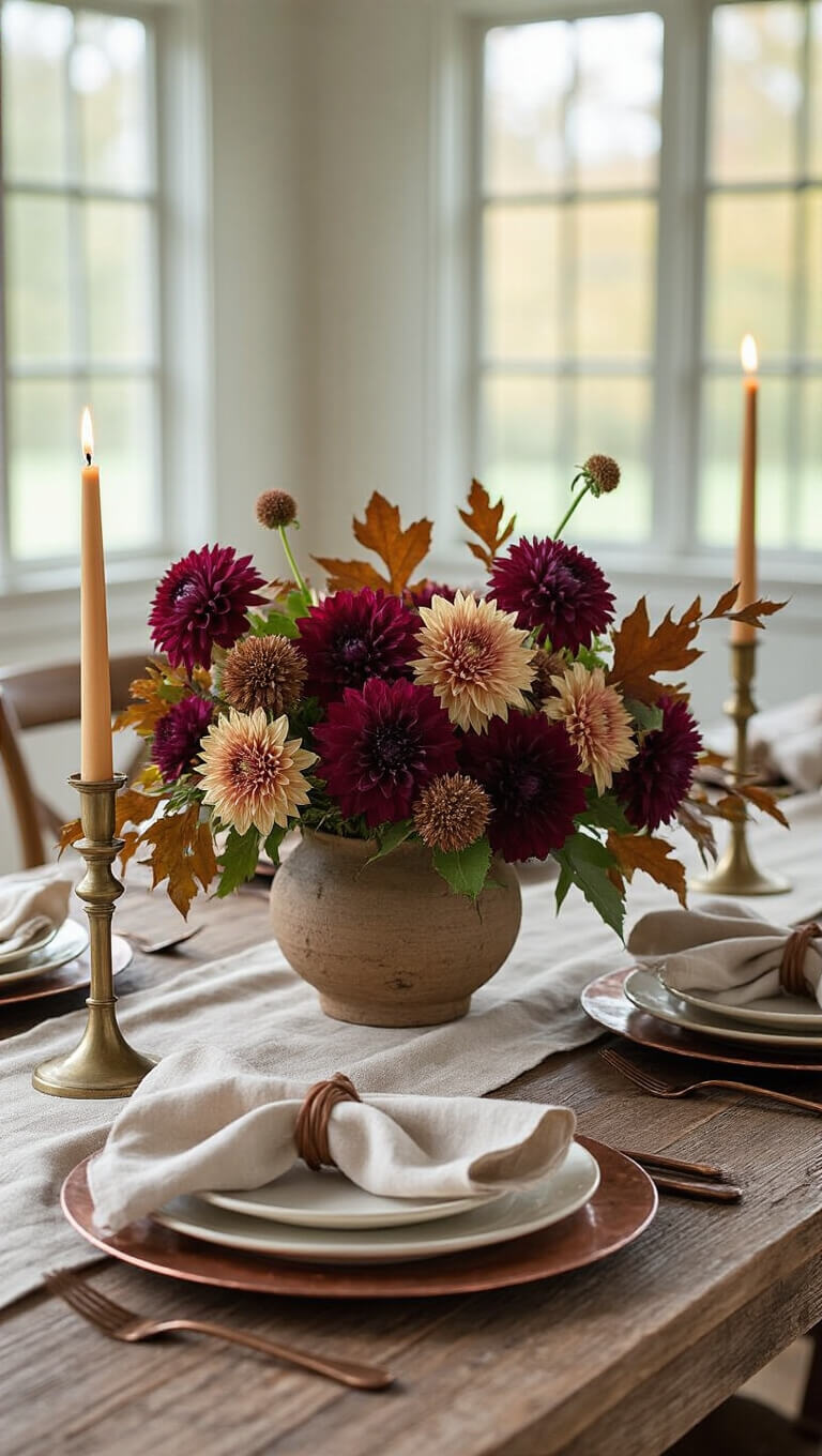 Macro shot of farmhouse dining table with copper and stoneware place settings, burgundy flower centerpiece, and brass candle holders on olive linen runner.