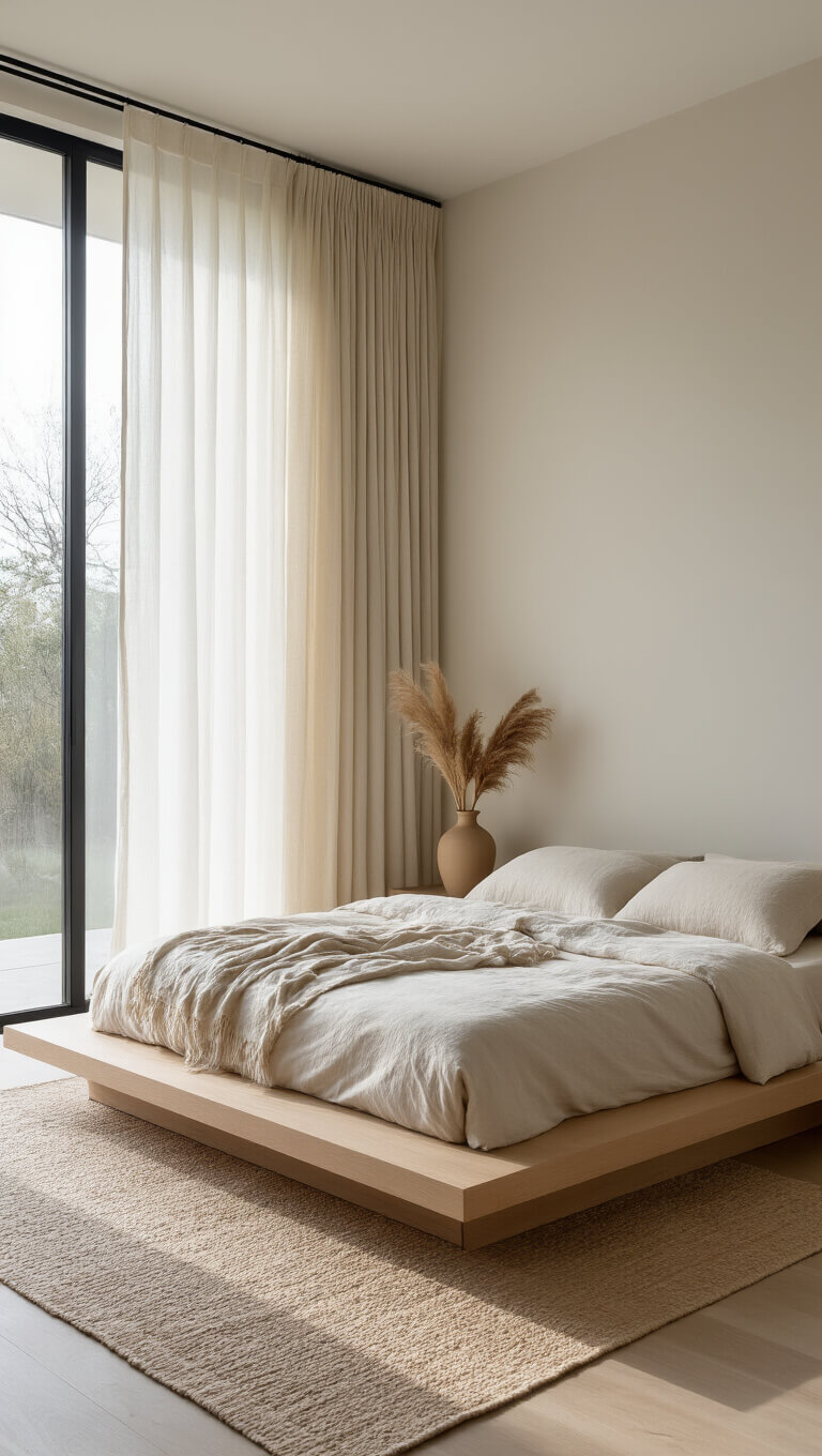 Minimalist Japandi-style bedroom with floor-to-ceiling windows, sheer and hemp curtains, pale oak platform bed, and soft morning light illuminating neutral tones and natural textures.