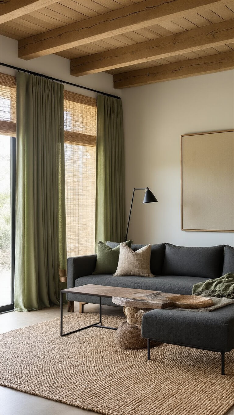 Spacious contemporary living room with exposed wooden beams, charcoal sofa, sage green curtains, and natural jute rug in warm golden hour light.