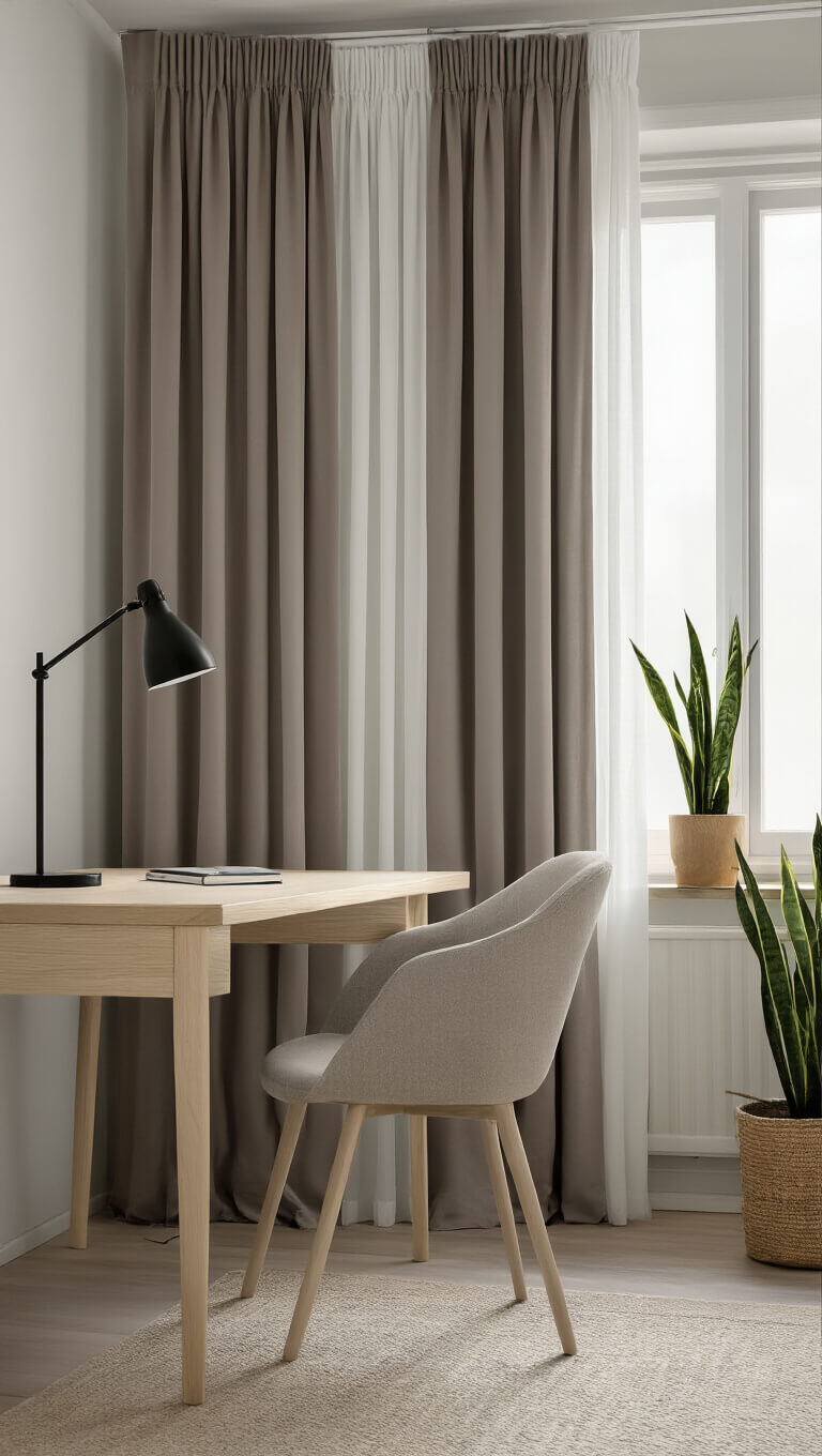 Compact 10x12ft home office with bleached oak desk, layered taupe and white curtains, snake plant, and soft daylight creating a calm, minimalist workspace.