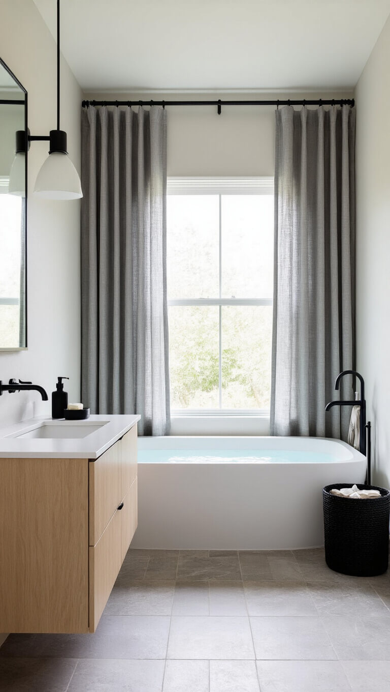 Modern bathroom with soaking tub under window, grey sheer curtains, floating oak vanity, natural stone floor, and soft ambient lighting.