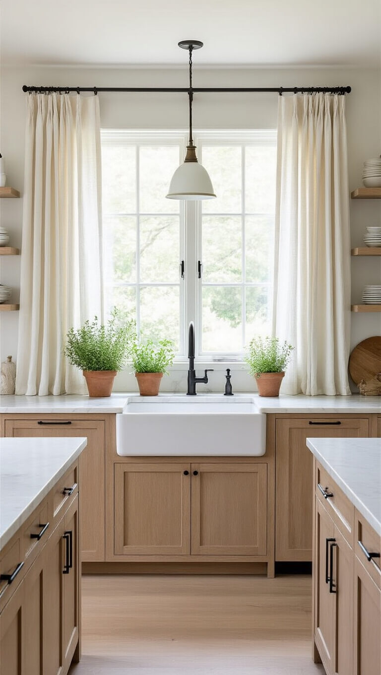 Bright, modern kitchen with large window, off-white linen cafe curtains, marble waterfall island, oak cabinets, and fresh herbs on windowsill.