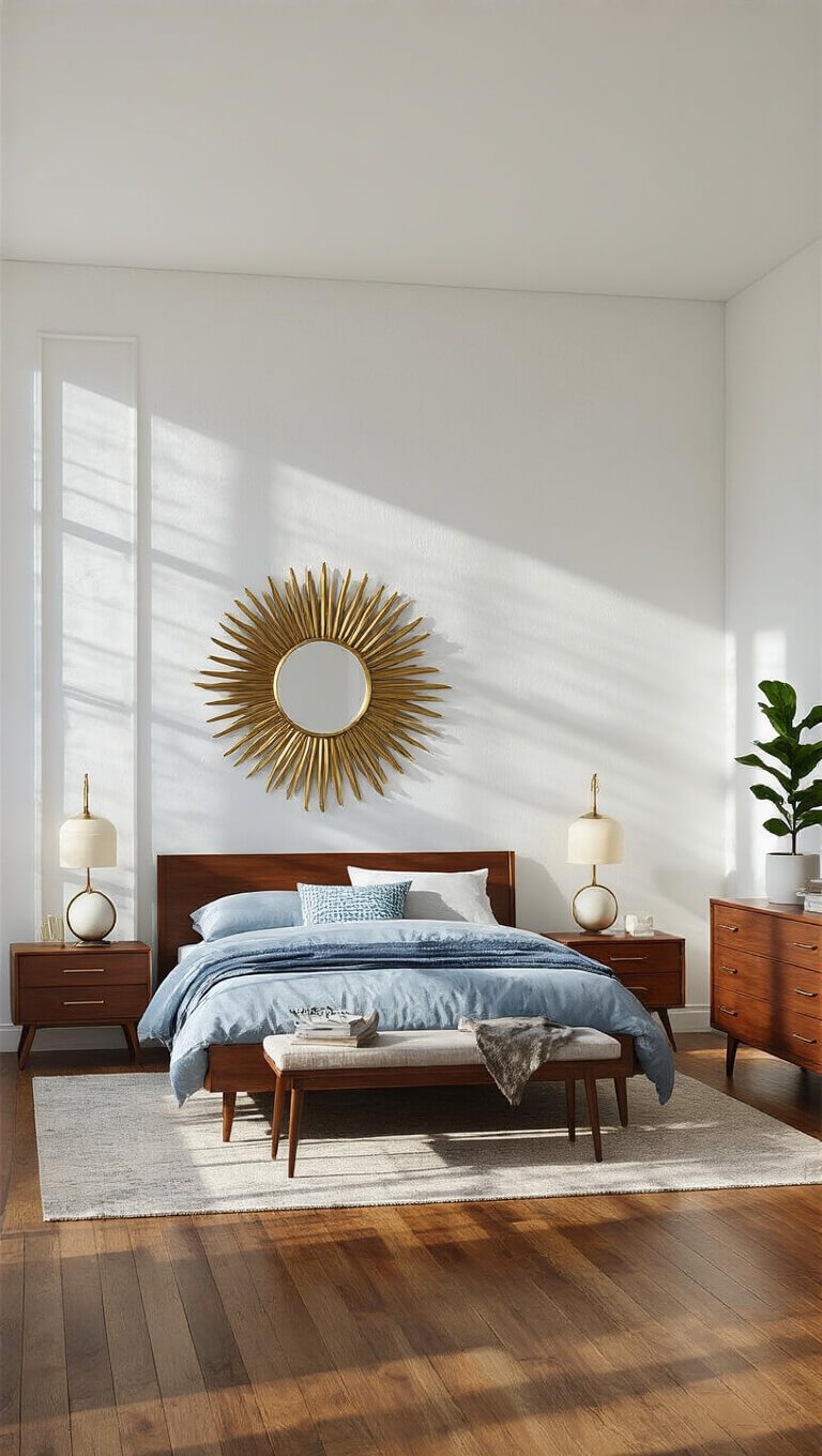 Sunlit bedroom with walnut platform bed, teak nightstands, sunburst mirror, and geometric bedding in muted tones; natural light highlights hardwood floors and rich wood textures.