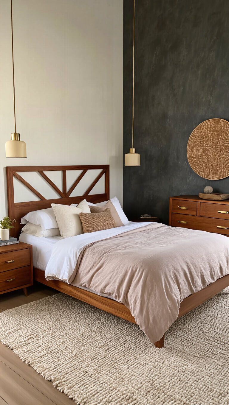 Sophisticated 12x14ft bedroom at golden hour with floating teak bed, slate gray accent wall, asymmetrical pendant lights, rosewood nightstands, and layered earth-tone textures.